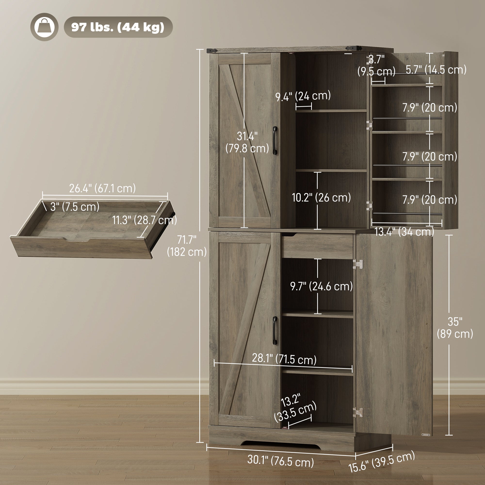 72" Farmhouse Pantry Cabinet - Grey, 4 Doors, Drawer, Shelves-DECOROLALA