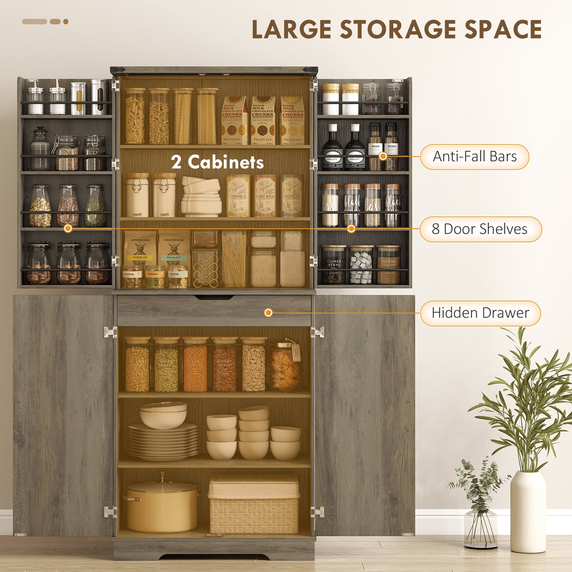 72" Farmhouse Pantry Cabinet - Grey, 4 Doors, Drawer, Shelves-DECOROLALA