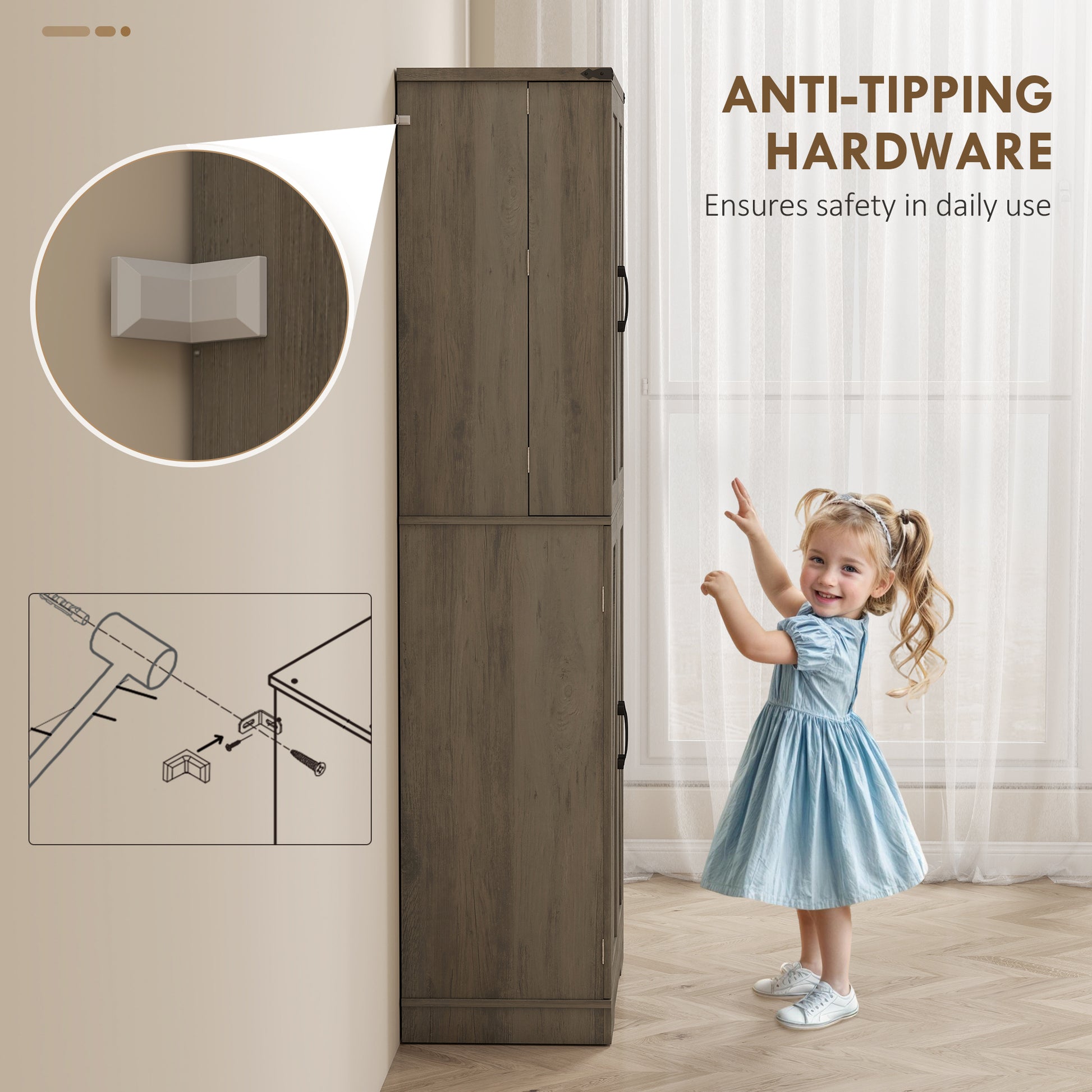 72" Farmhouse Pantry Cabinet - Grey, 4 Doors, Drawer, Shelves-DECOROLALA