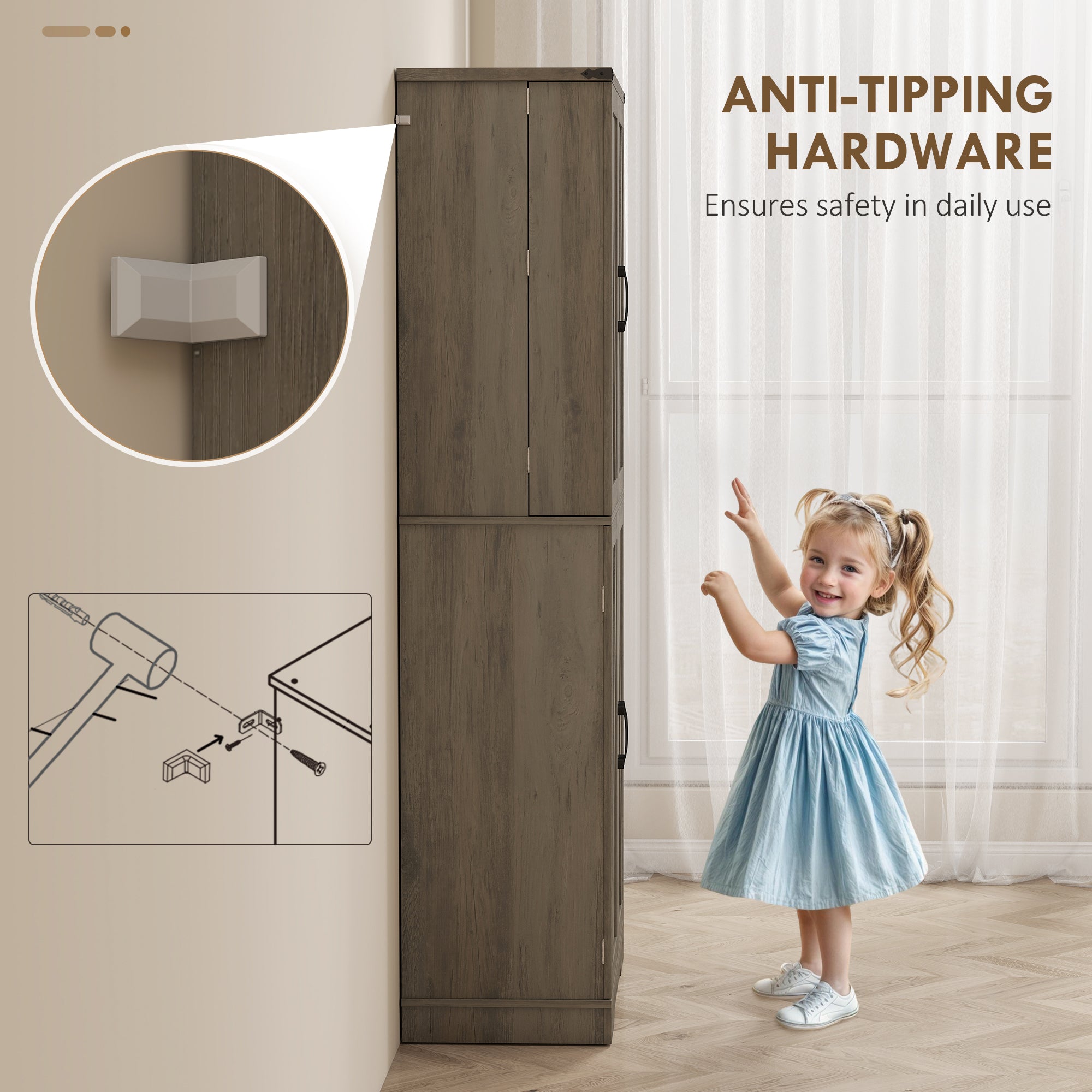 72" Farmhouse Pantry Cabinet - Grey, 4 Doors, Drawer, Shelves-DECOROLALA