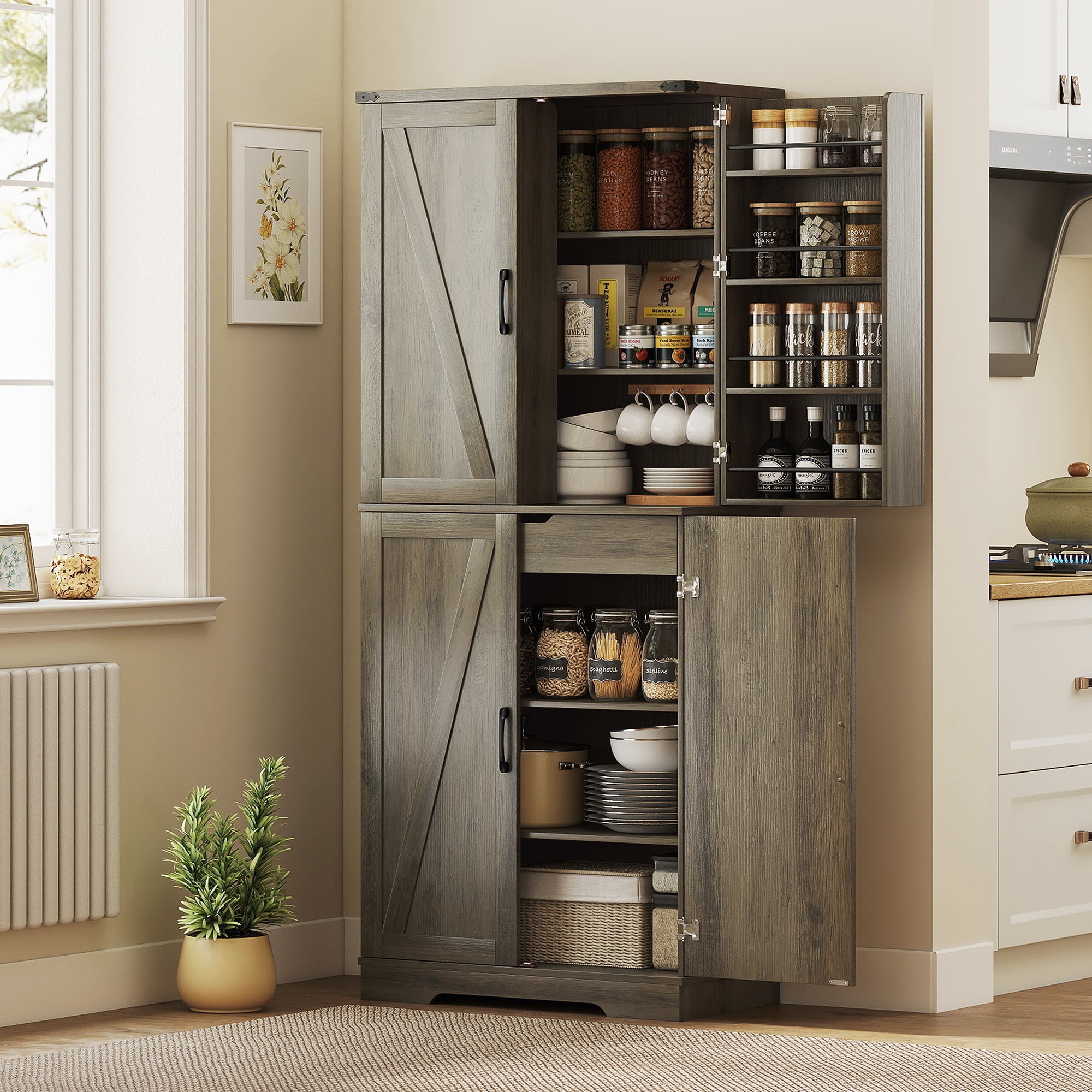72" Farmhouse Pantry Cabinet - Grey, 4 Doors, Drawer, Shelves-DECOROLALA