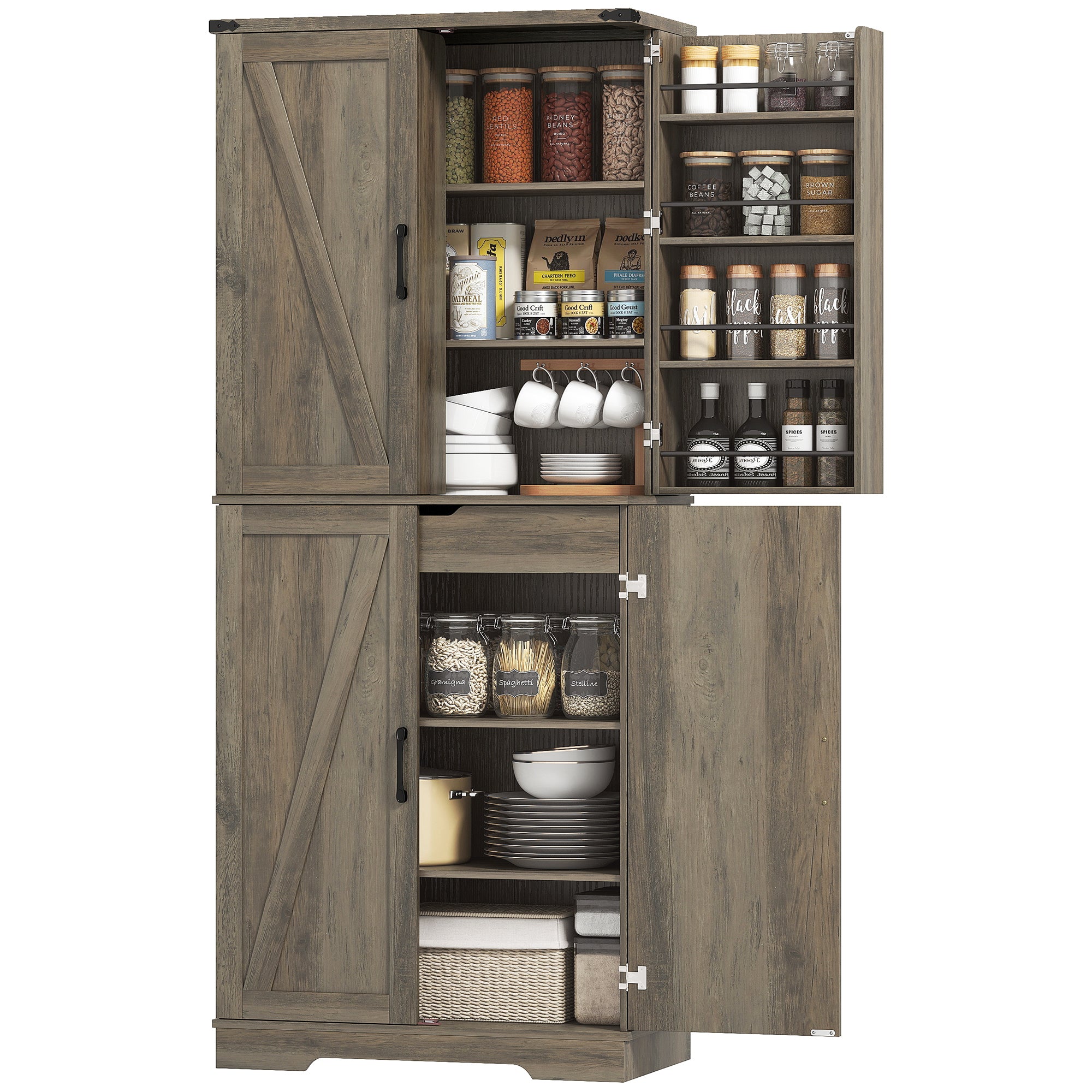 72" Farmhouse Pantry Cabinet - Grey, 4 Doors, Drawer, Shelves-DECOROLALA