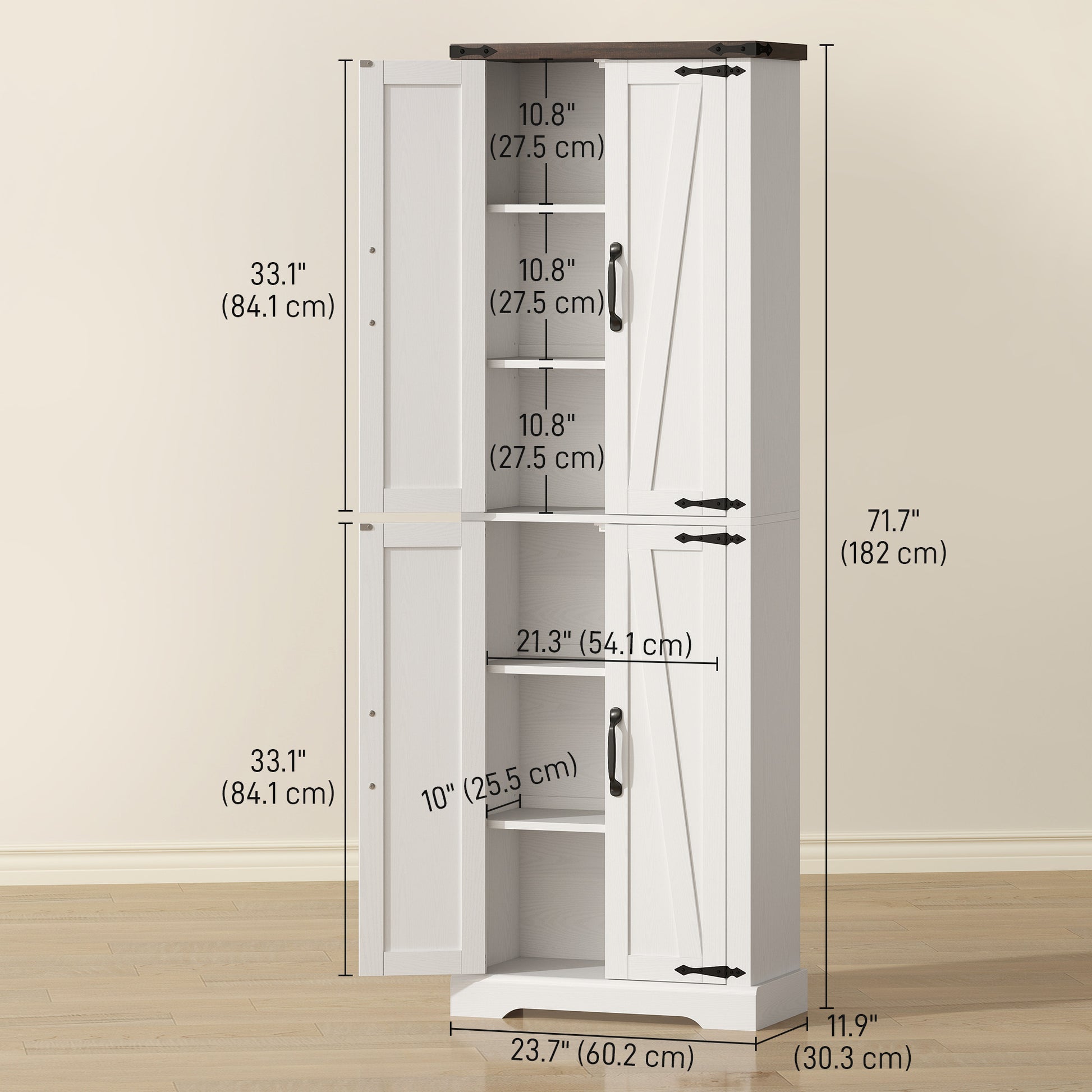 72" Farmhouse Pantry Cabinet - White MDF Adjustable Shelves-DECOROLALA