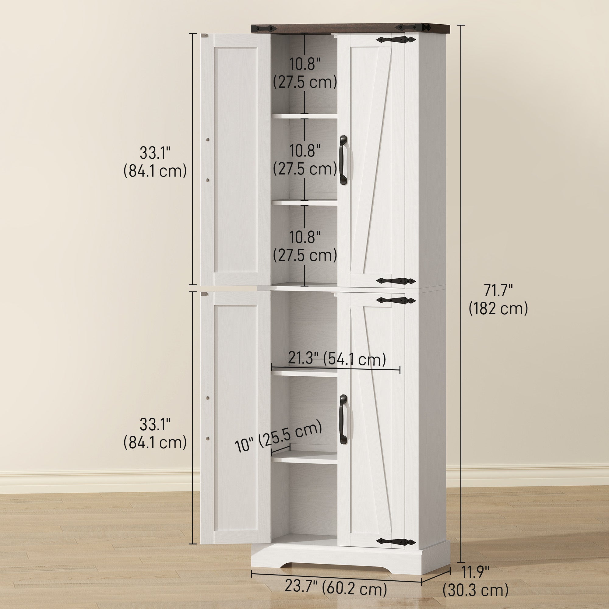 72" Farmhouse Pantry Cabinet - White MDF Adjustable Shelves-DECOROLALA
