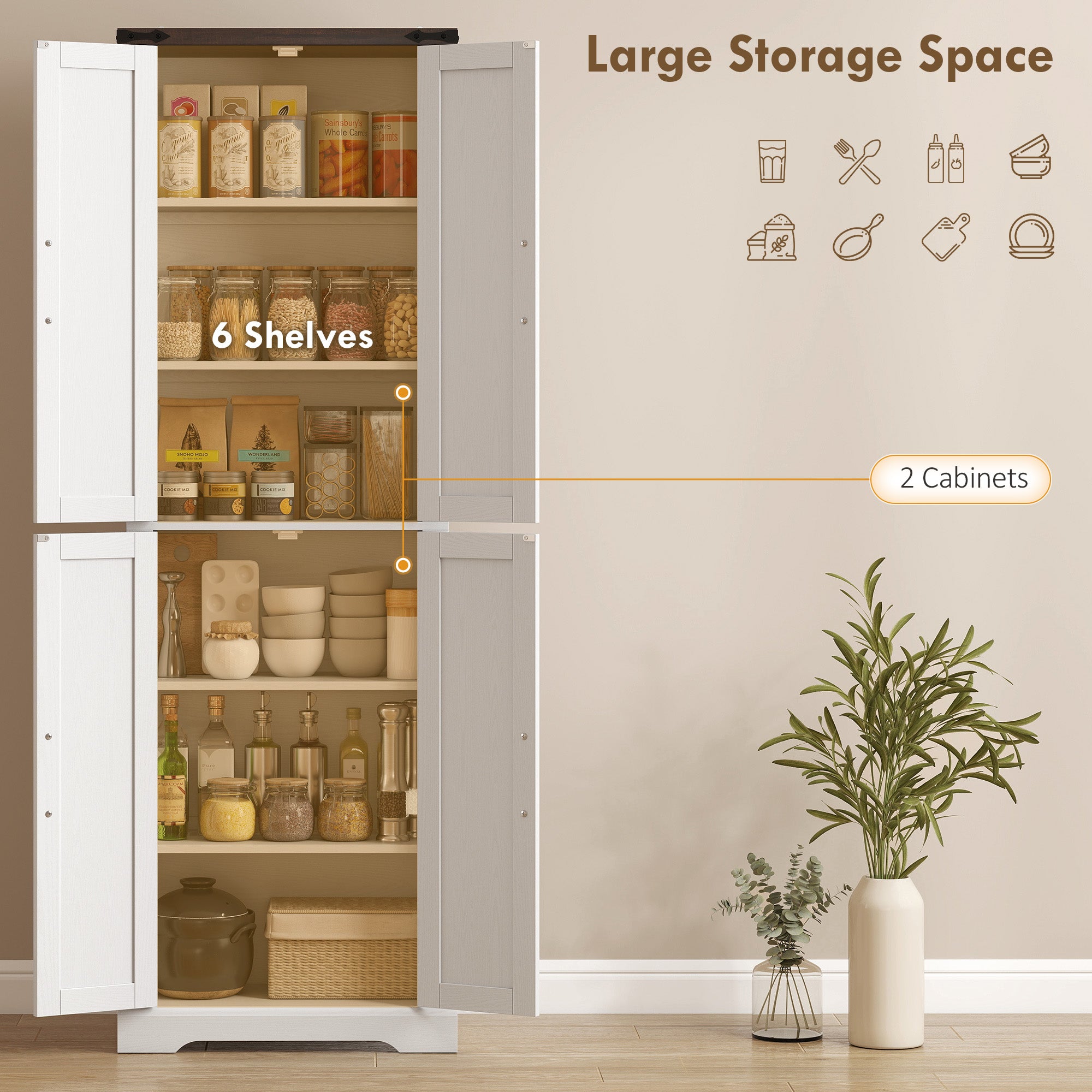 72" Farmhouse Pantry Cabinet - White MDF Adjustable Shelves-DECOROLALA
