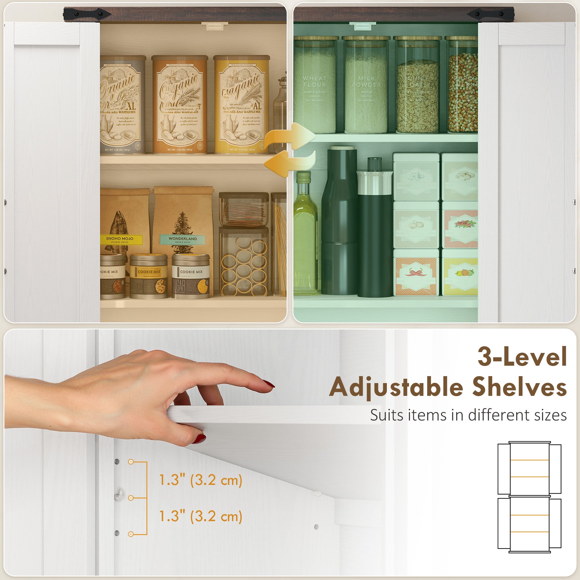 72" Farmhouse Pantry Cabinet - White MDF Adjustable Shelves-DECOROLALA