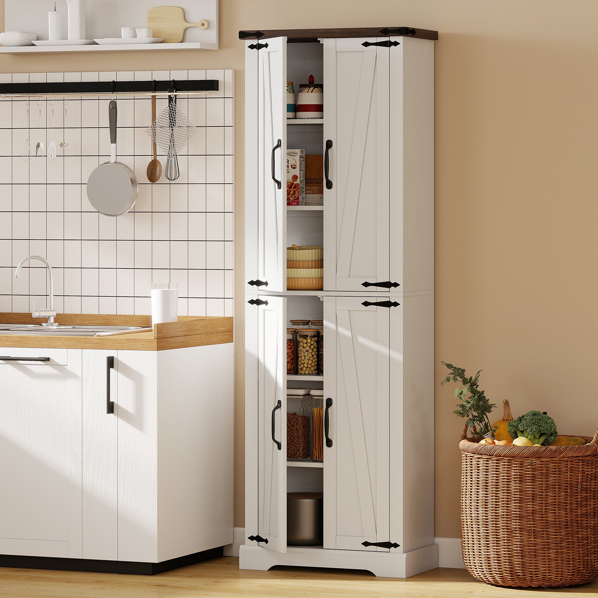 72" Farmhouse Pantry Cabinet - White MDF Adjustable Shelves-DECOROLALA