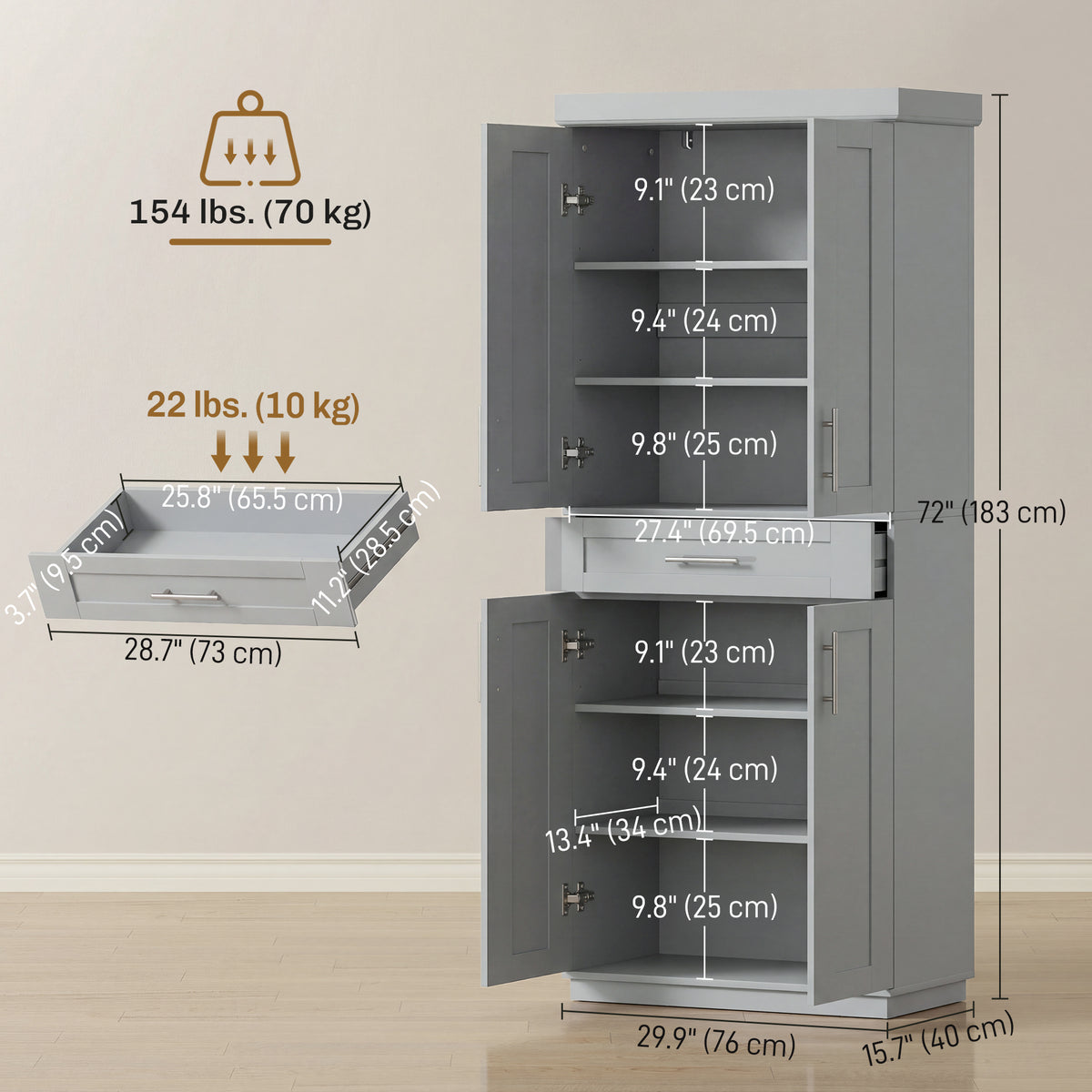 72" Freestanding Kitchen Pantry Cabinet - Grey MDF with Drawer-Home Furnishings > Storage & Organization > Kitchen Pantry Cabinets-DECOROLALA