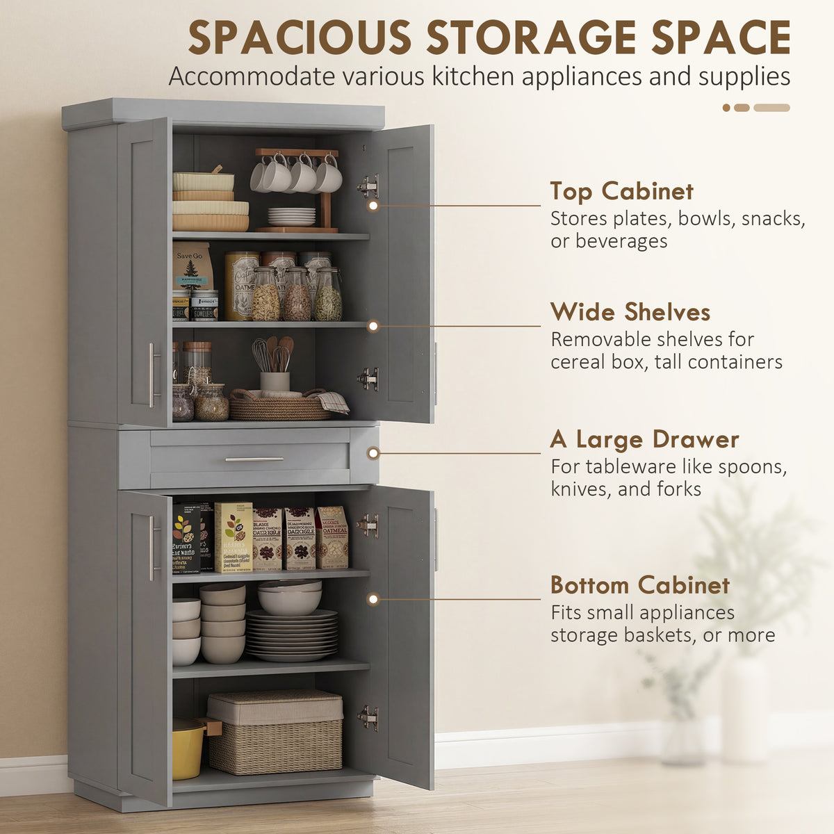 72" Freestanding Kitchen Pantry Cabinet - Grey MDF with Drawer-Home Furnishings > Storage & Organization > Kitchen Pantry Cabinets-DECOROLALA