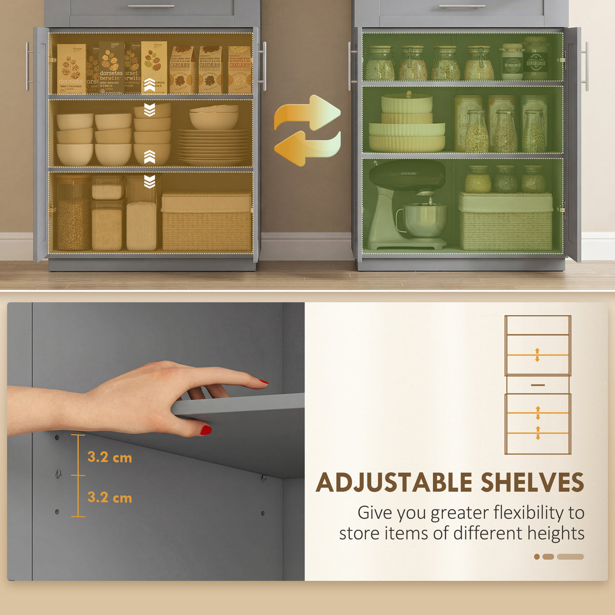 72" Freestanding Kitchen Pantry Cabinet - Grey MDF with Drawer-Home Furnishings > Storage & Organization > Kitchen Pantry Cabinets-DECOROLALA