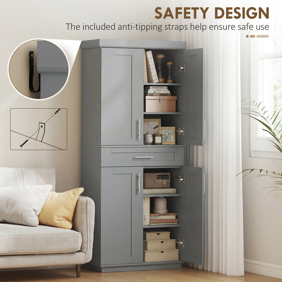 72" Freestanding Kitchen Pantry Cabinet - Grey MDF with Drawer-Home Furnishings > Storage & Organization > Kitchen Pantry Cabinets-DECOROLALA