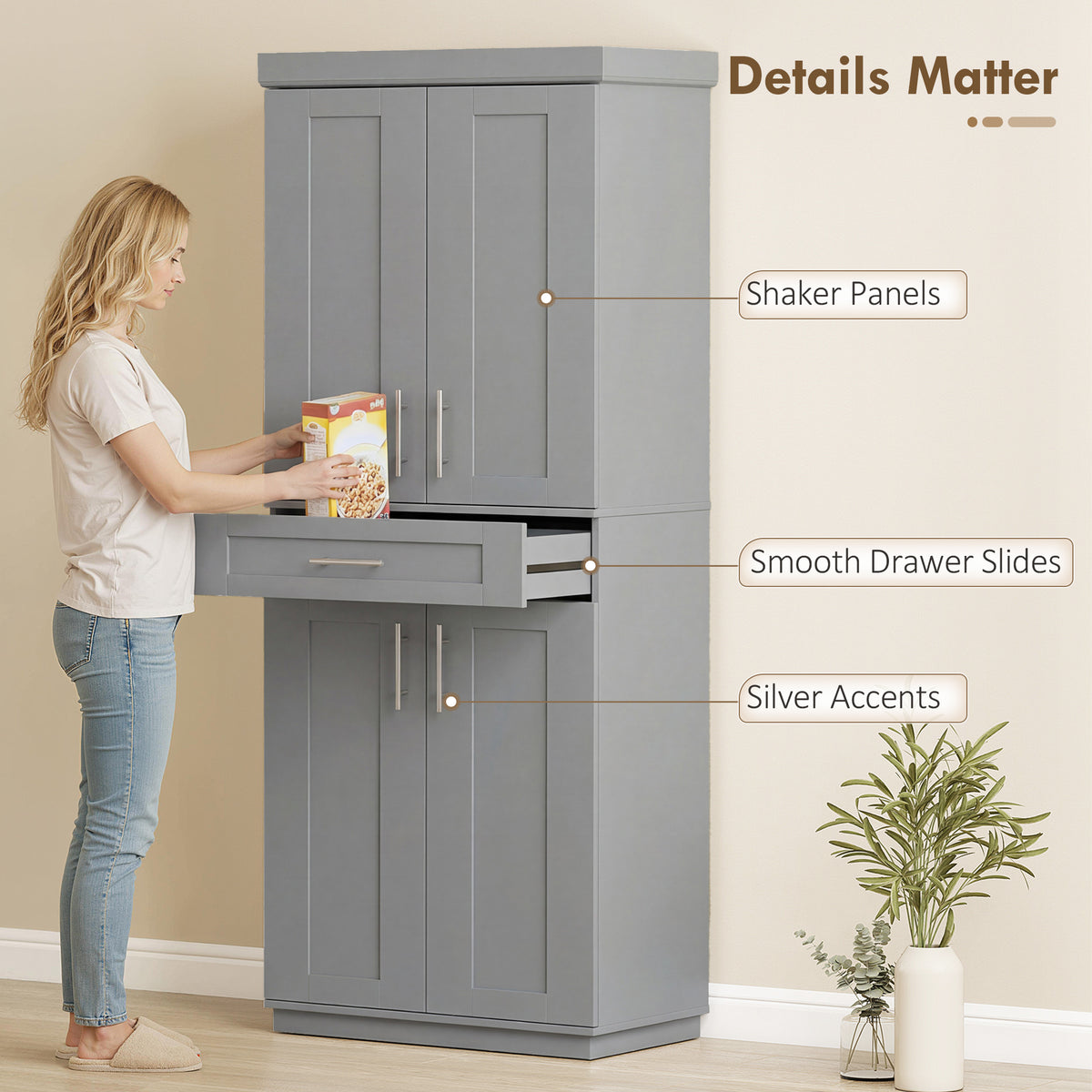 72" Freestanding Kitchen Pantry Cabinet - Grey MDF with Drawer-Home Furnishings > Storage & Organization > Kitchen Pantry Cabinets-DECOROLALA