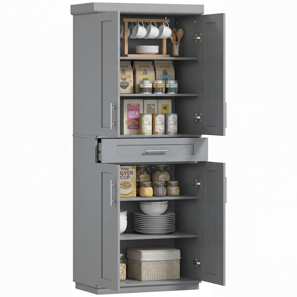 72" Freestanding Kitchen Pantry Cabinet - Grey MDF with Drawer-Home Furnishings > Storage & Organization > Kitchen Pantry Cabinets-DECOROLALA