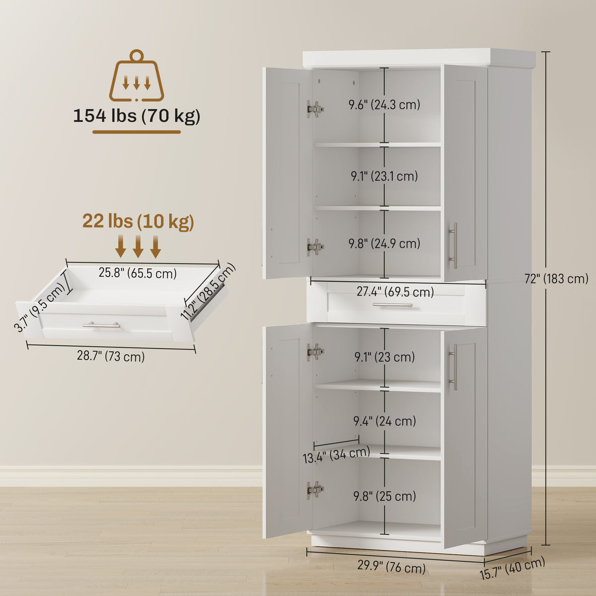 72" Freestanding Kitchen Pantry Storage Cabinet - White MDF-Home Furnishings > Storage & Organization > Kitchen Pantry Cabinets-DECOROLALA