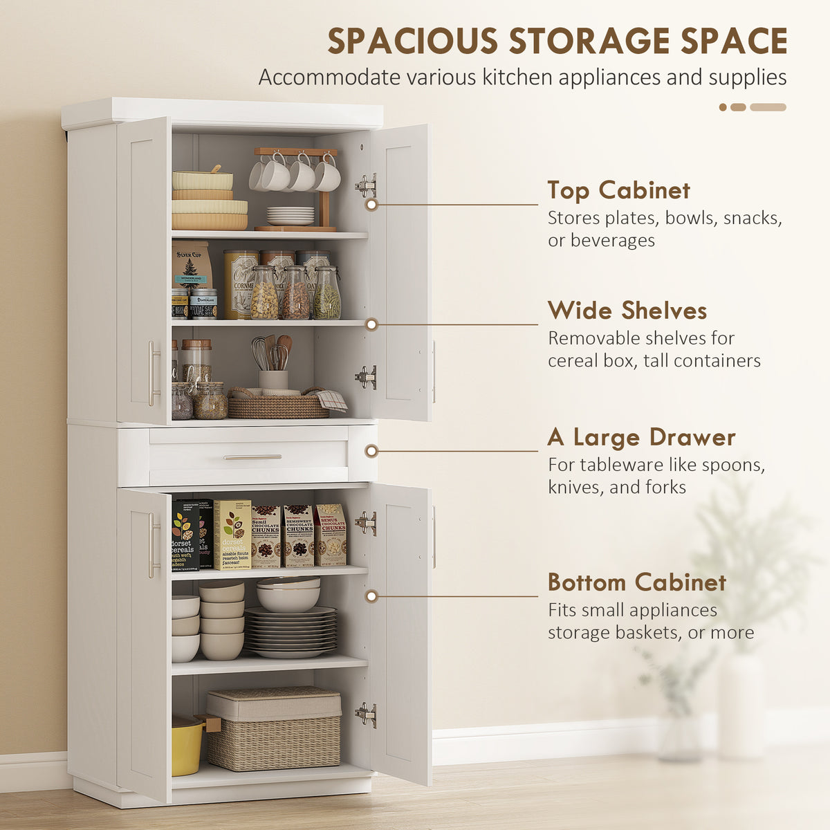 72" Freestanding Kitchen Pantry Storage Cabinet - White MDF-Home Furnishings > Storage & Organization > Kitchen Pantry Cabinets-DECOROLALA