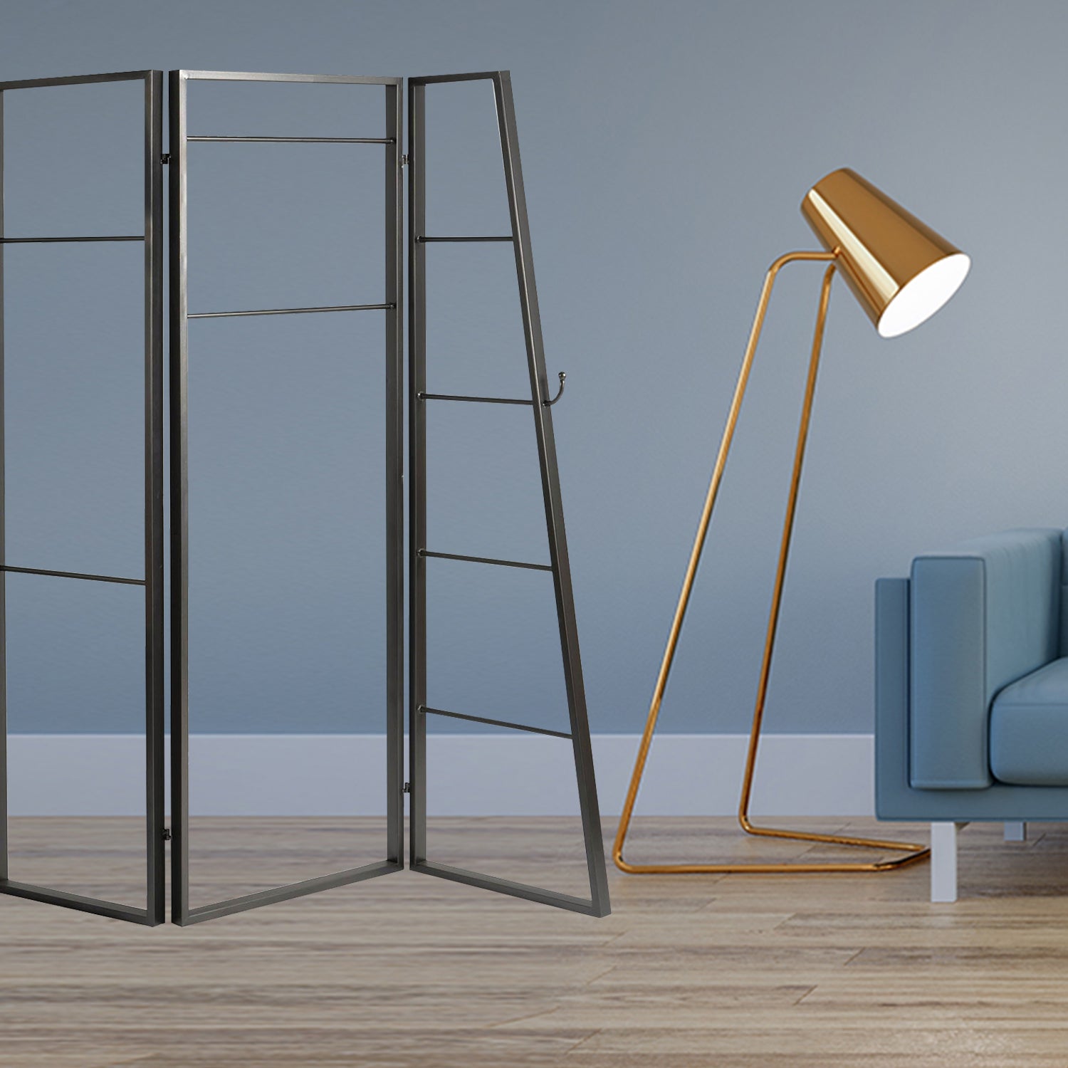 72" Gray Iron Folding Three Panel Screen Room Divider-Room Dividers-DECOROLALA