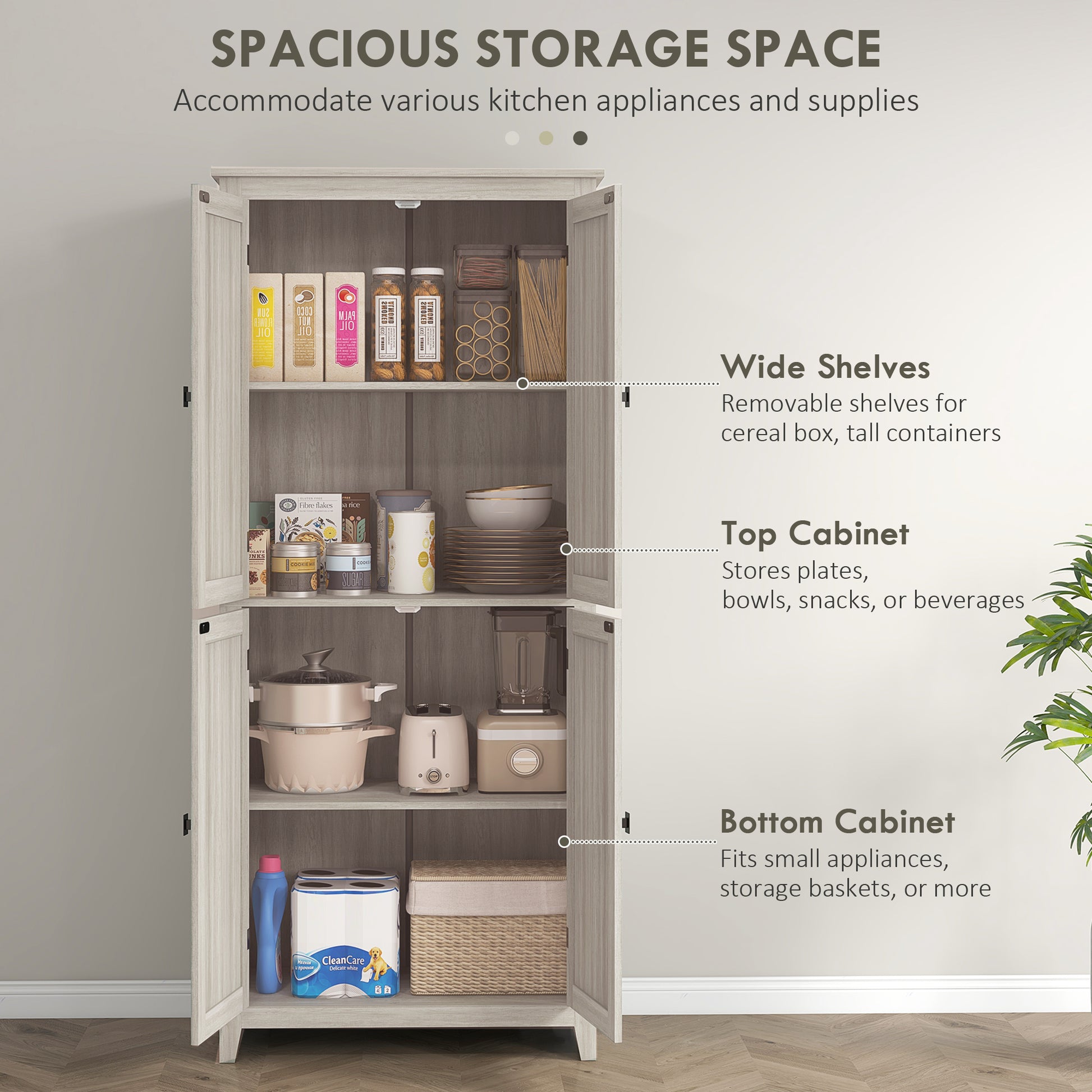 72" Grey Kitchen Pantry Cabinet with Doors and Shelves, Dining Room Storage-DECOROLALA