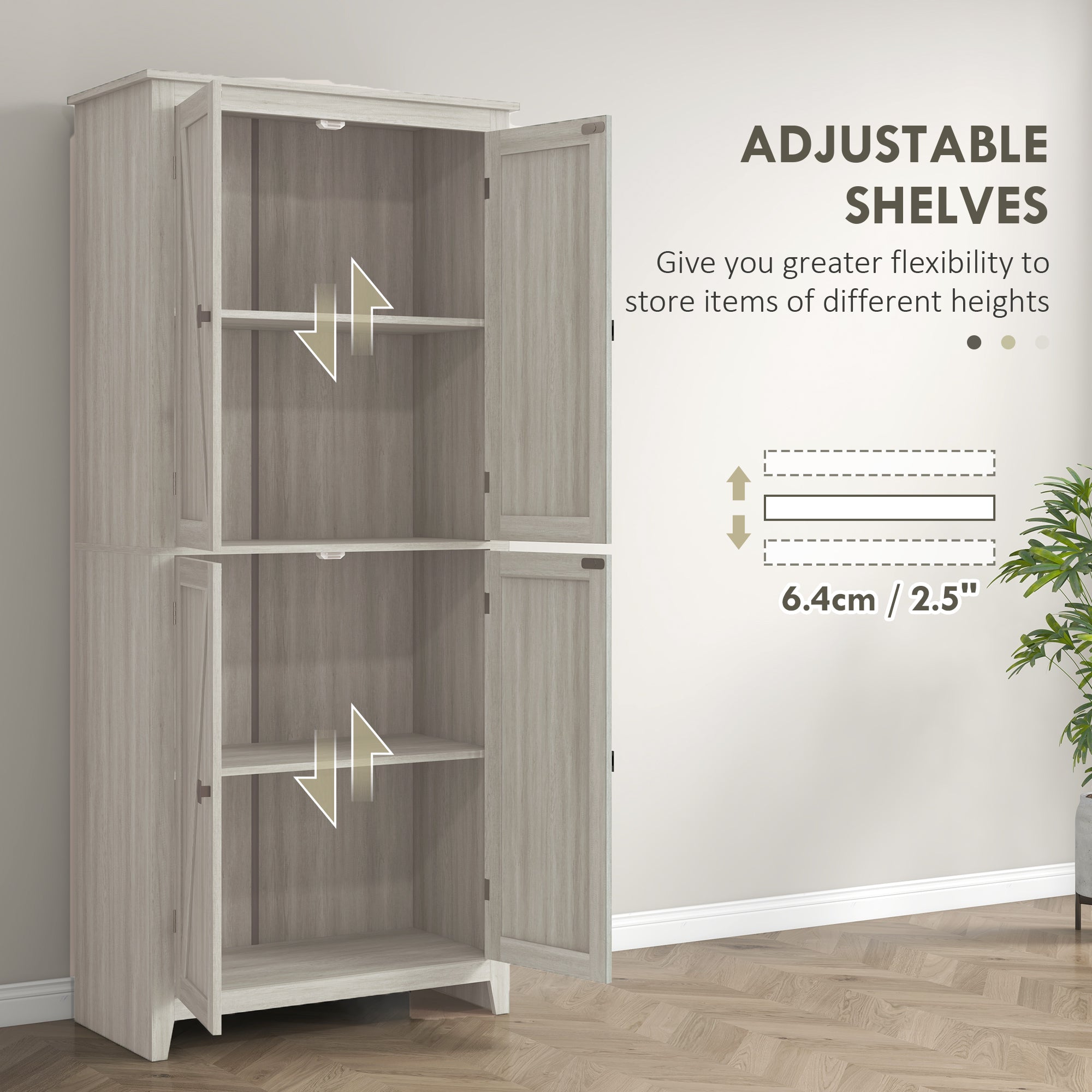 72" Grey Kitchen Pantry Cabinet with Doors and Shelves, Dining Room Storage-DECOROLALA
