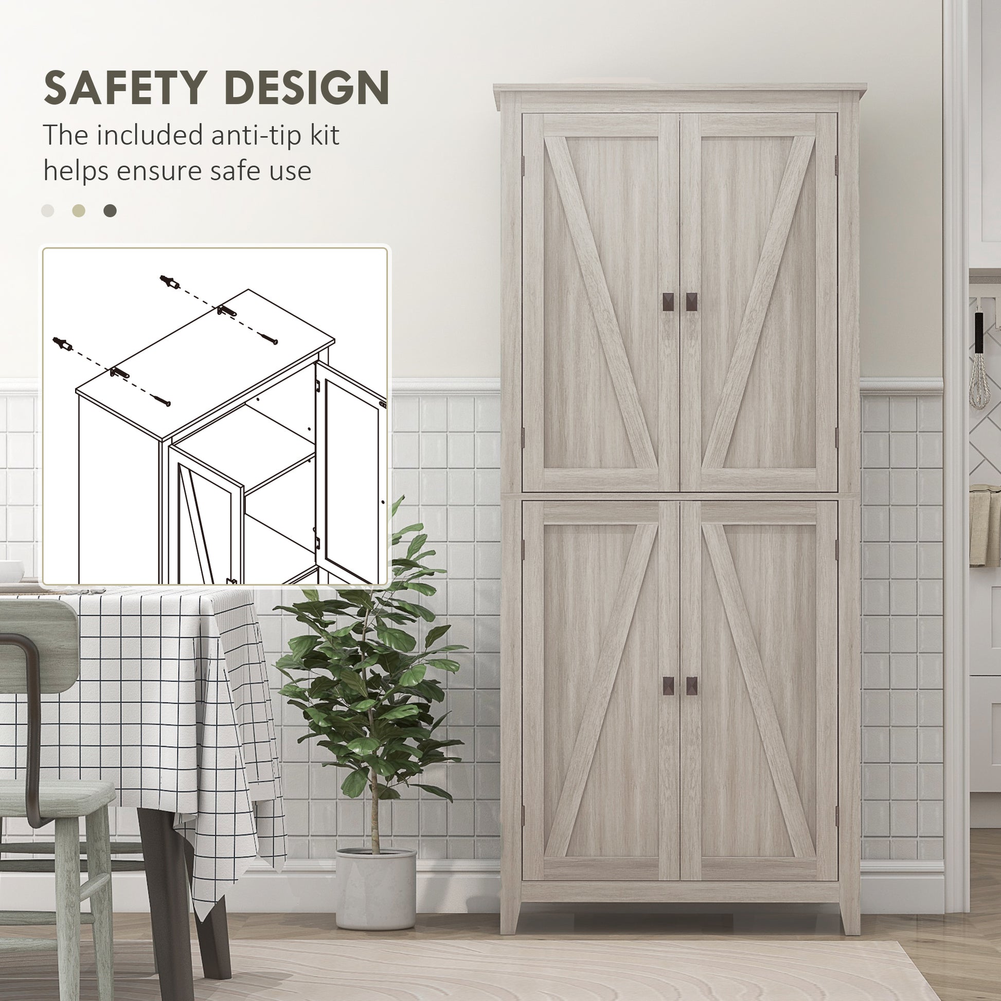 72" Grey Kitchen Pantry Cabinet with Doors and Shelves, Dining Room Storage-DECOROLALA