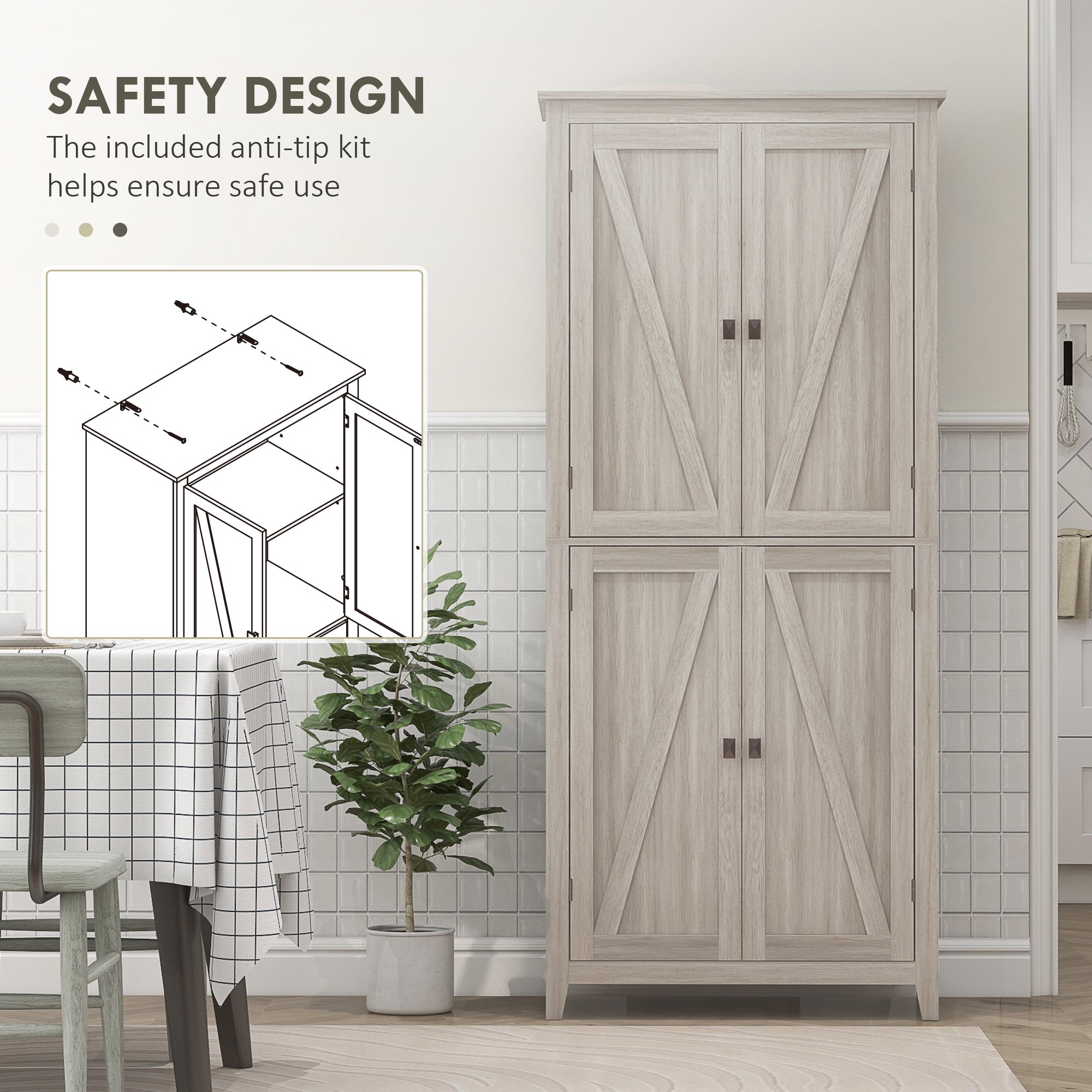 72" Grey Kitchen Pantry Cabinet with Doors and Shelves, Dining Room Storage-DECOROLALA
