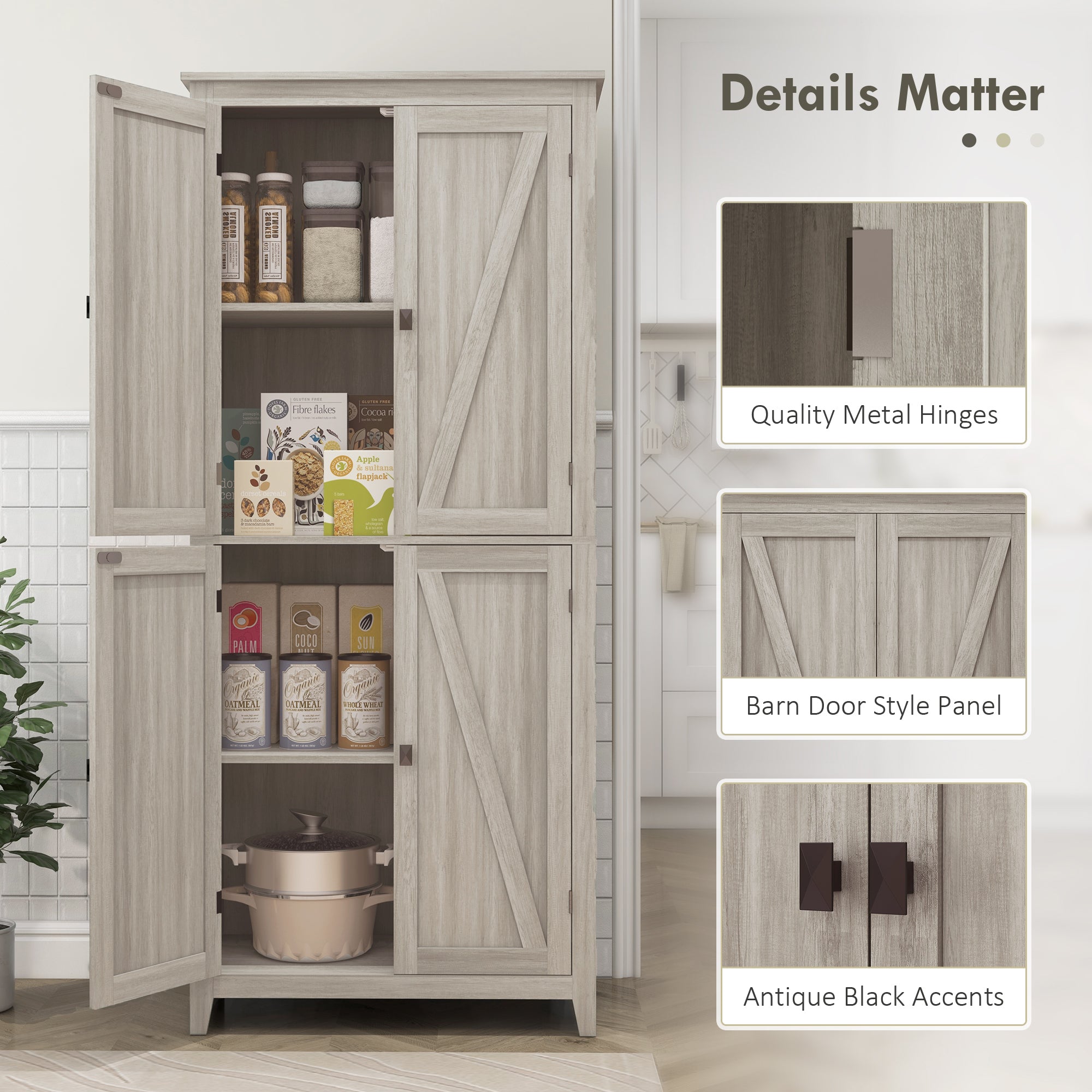 72" Grey Kitchen Pantry Cabinet with Doors and Shelves, Dining Room Storage-DECOROLALA