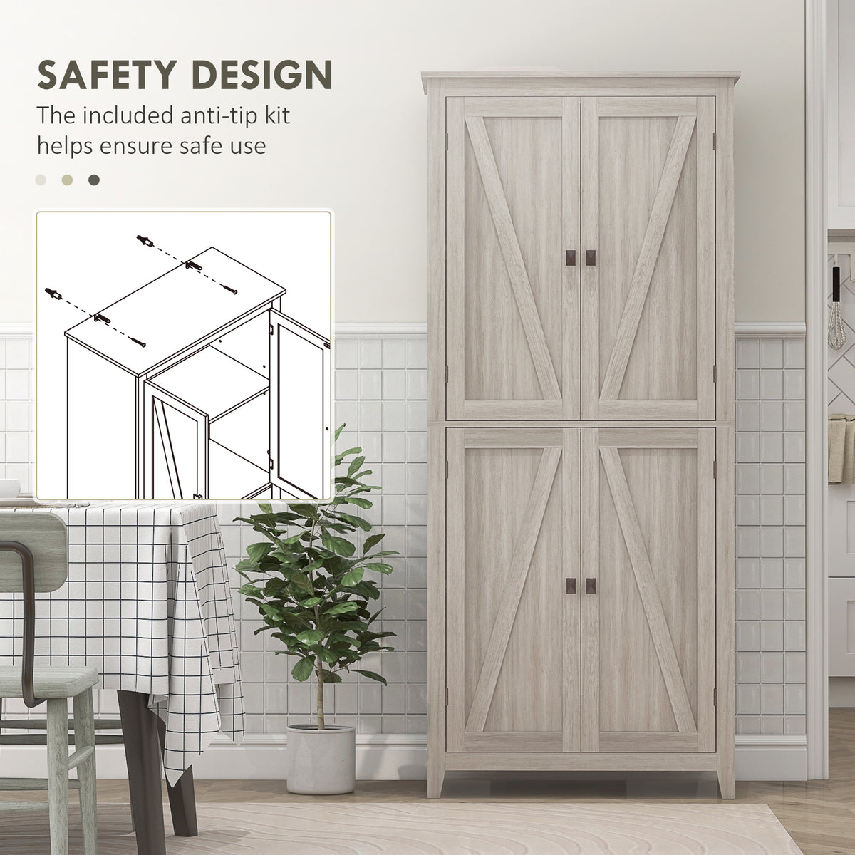 72" Grey Kitchen Pantry Cabinet with Doors and Shelves, Dining Room Storage-DECOROLALA