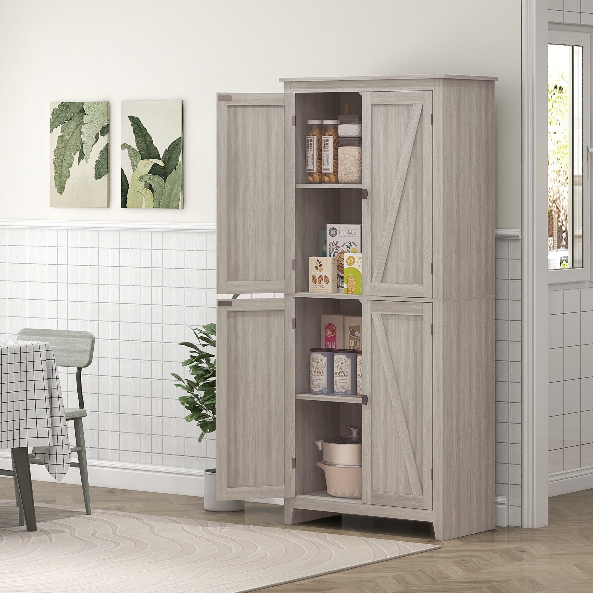 72" Grey Kitchen Pantry Cabinet with Doors and Shelves, Dining Room Storage-DECOROLALA