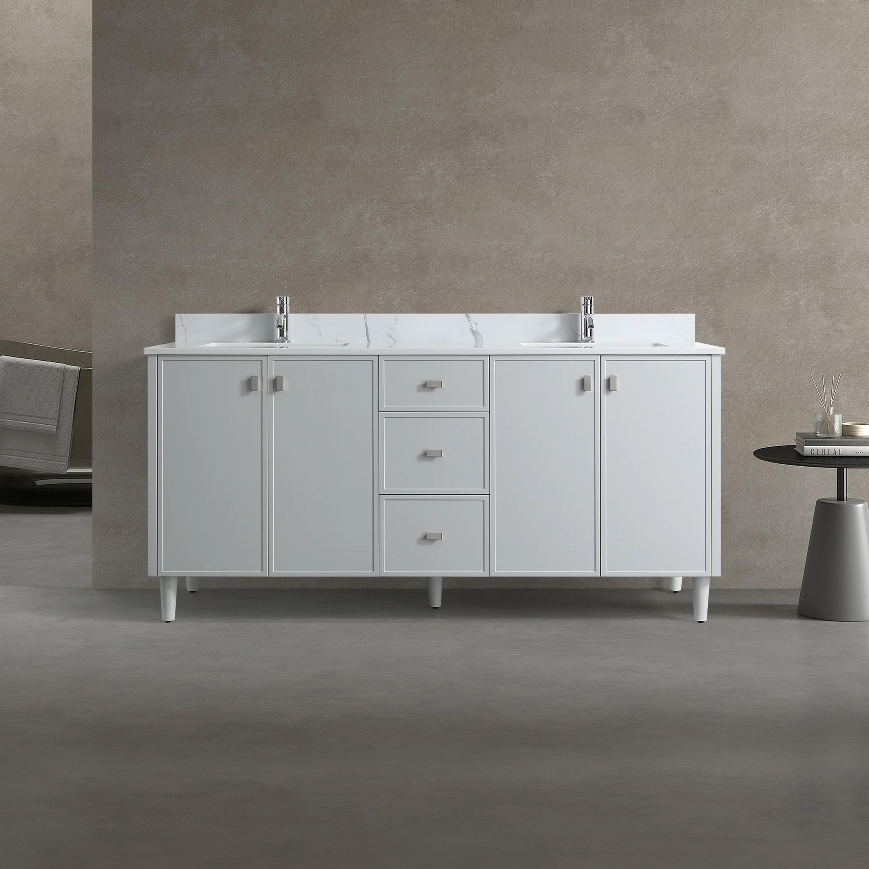 72" Hampton Grey Double Sink Freestanding Vanity with Engineered Calcutta Marble