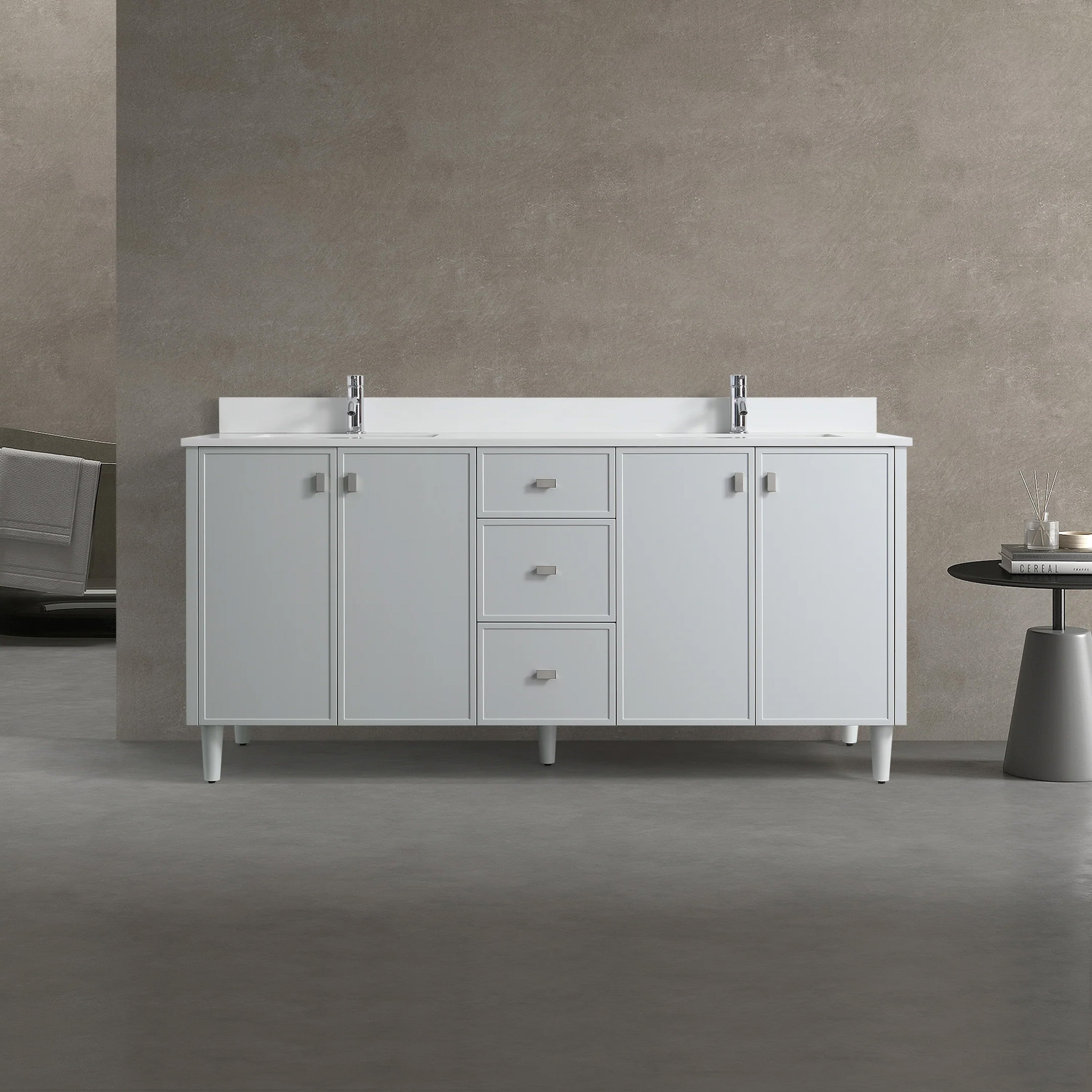 72" Hampton Grey Double Sink Freestanding Vanity with Pure White Quartz Countertop