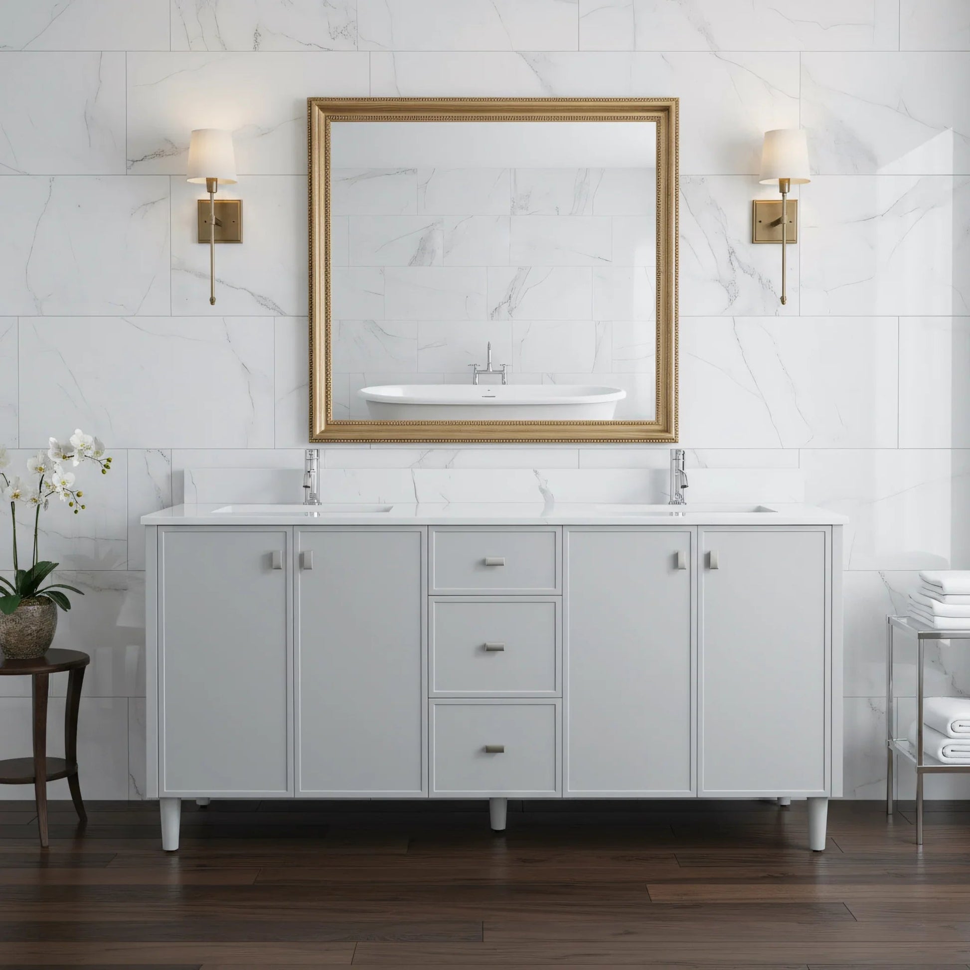 72" Hampton Grey Double Sink Freestanding Vanity with Engineered Calcutta Marble-Migration_Bathroom Vanities-DECOROLALA