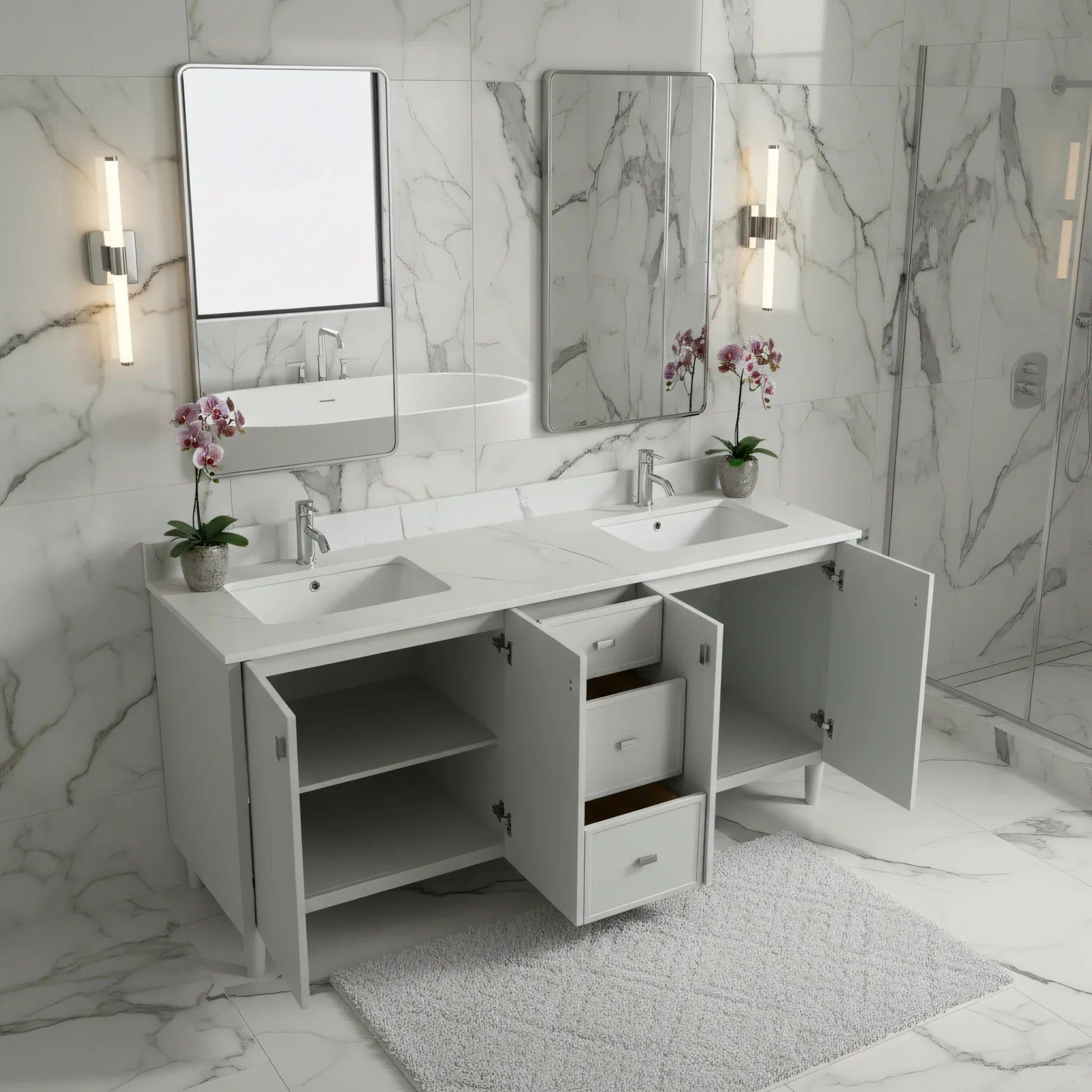 72" Hampton Grey Double Sink Freestanding Vanity with Engineered Calcutta Marble-Migration_Bathroom Vanities-DECOROLALA
