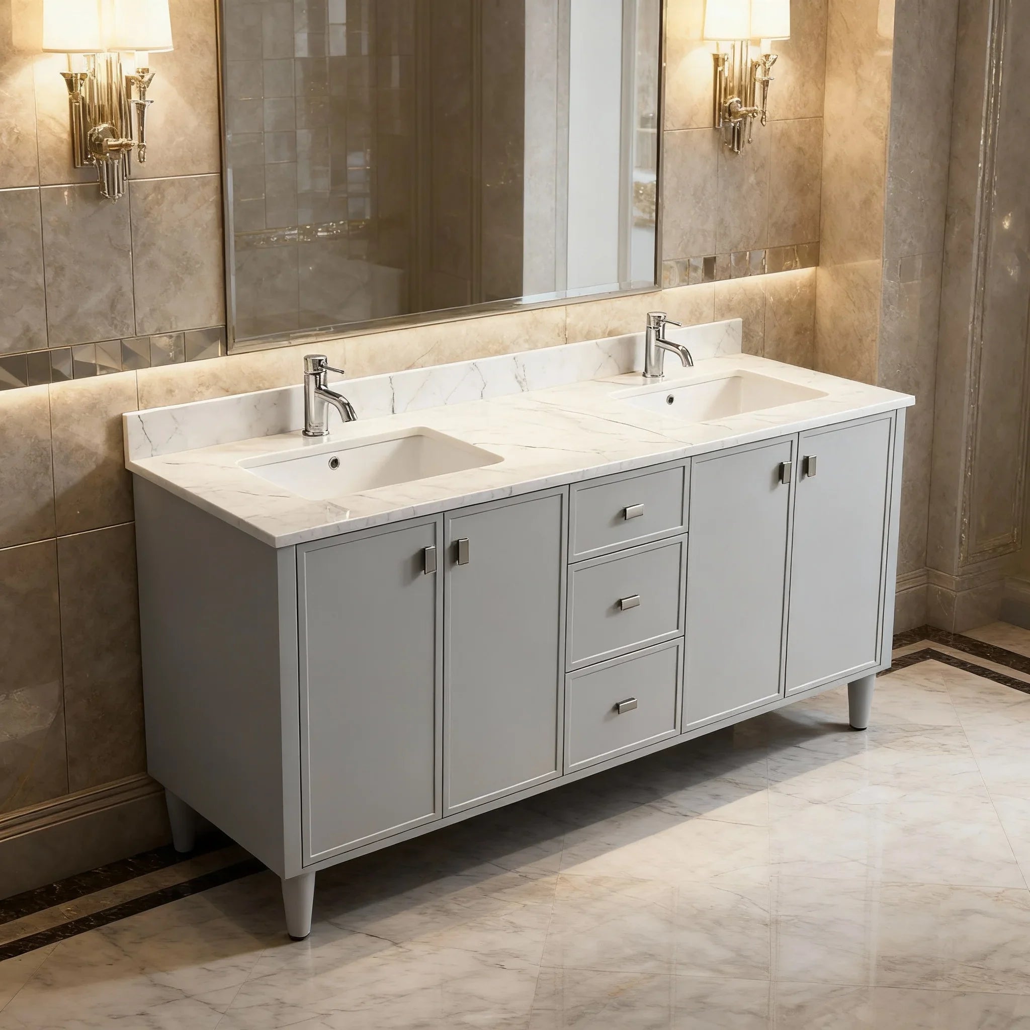 72" Hampton Grey Double Sink Freestanding Vanity with Engineered Calcutta Marble-Migration_Bathroom Vanities-DECOROLALA