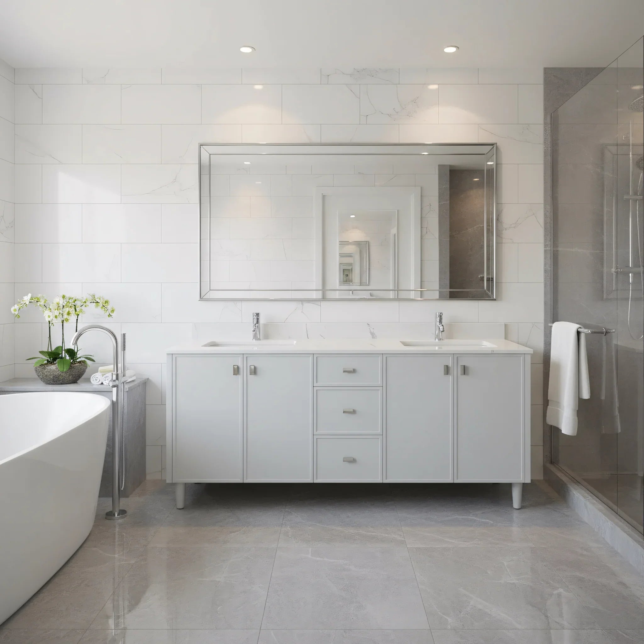 72" Hampton Grey Double Sink Freestanding Vanity with Engineered Calcutta Marble-Migration_Bathroom Vanities-DECOROLALA