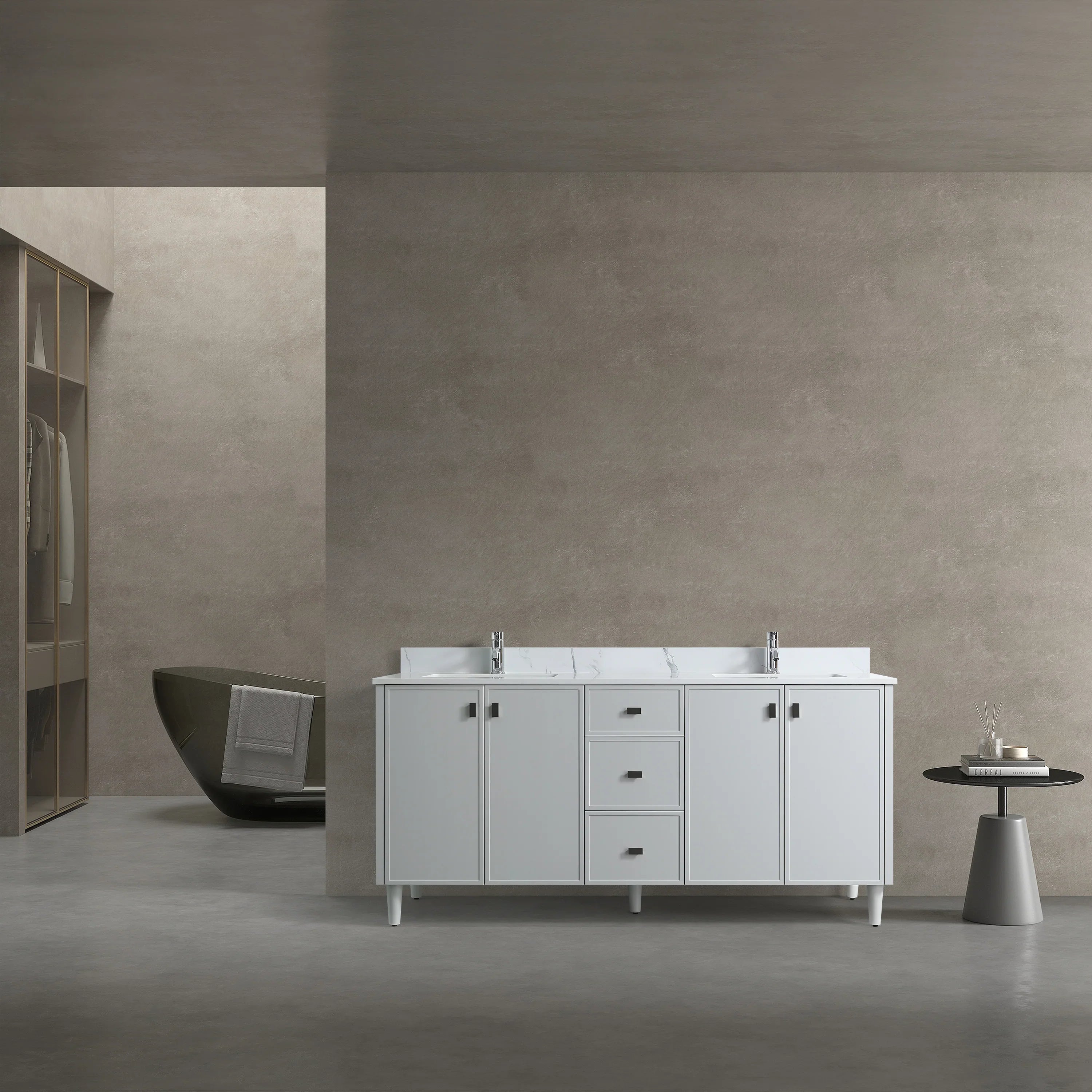 72" Hampton Grey Double Sink Freestanding Vanity with Engineered Calcutta Marble-Migration_Bathroom Vanities-DECOROLALA