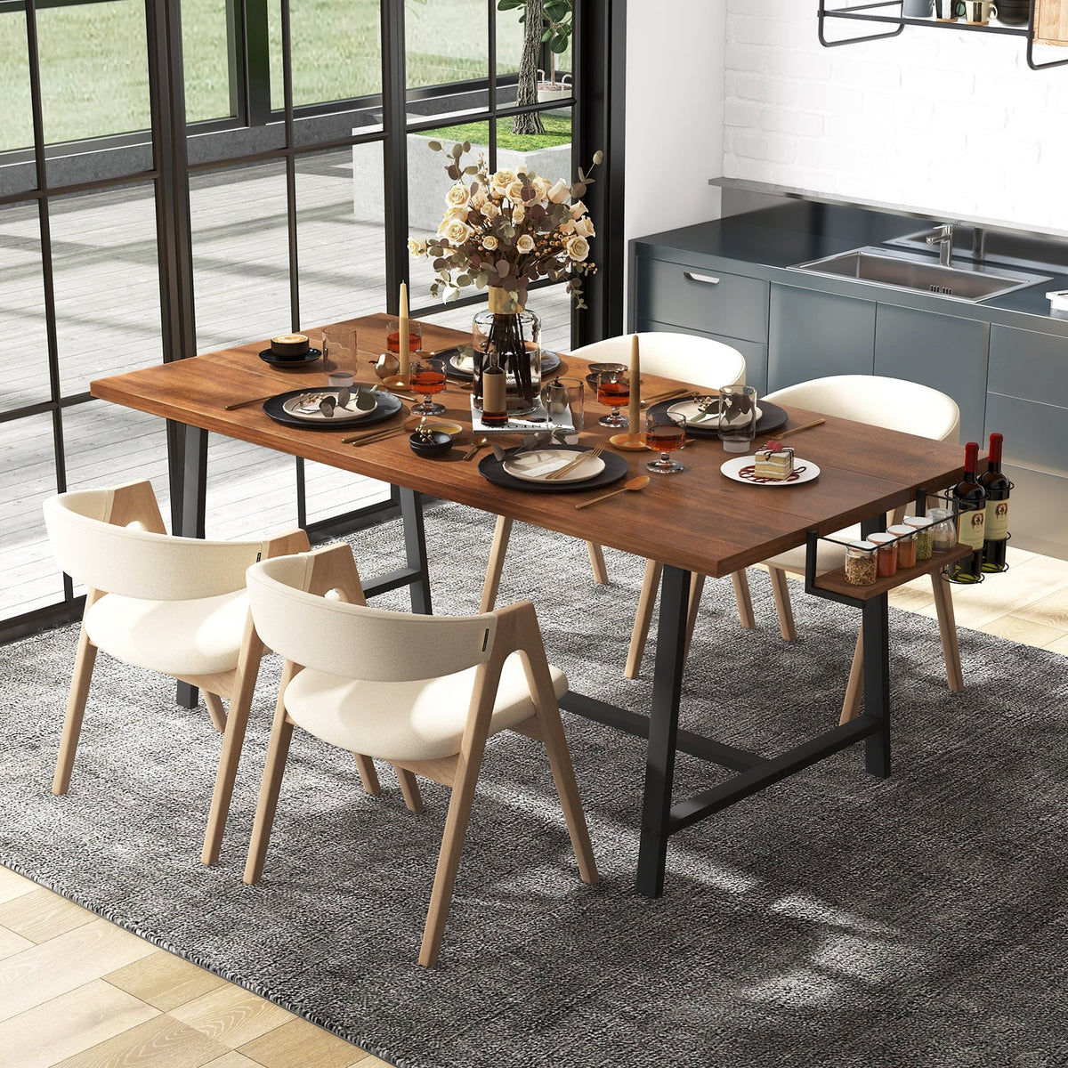 72 Inch Dining Table Rectangular Kitchen Table with 2-Bottle Wine Rack for 5-7-Walnut-Dining Tables-DECOROLALA