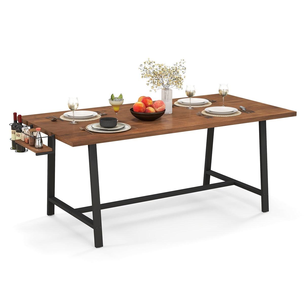 72 Inch Dining Table Rectangular Kitchen Table with 2-Bottle Wine Rack for 5-7-Walnut-Dining Tables-DECOROLALA
