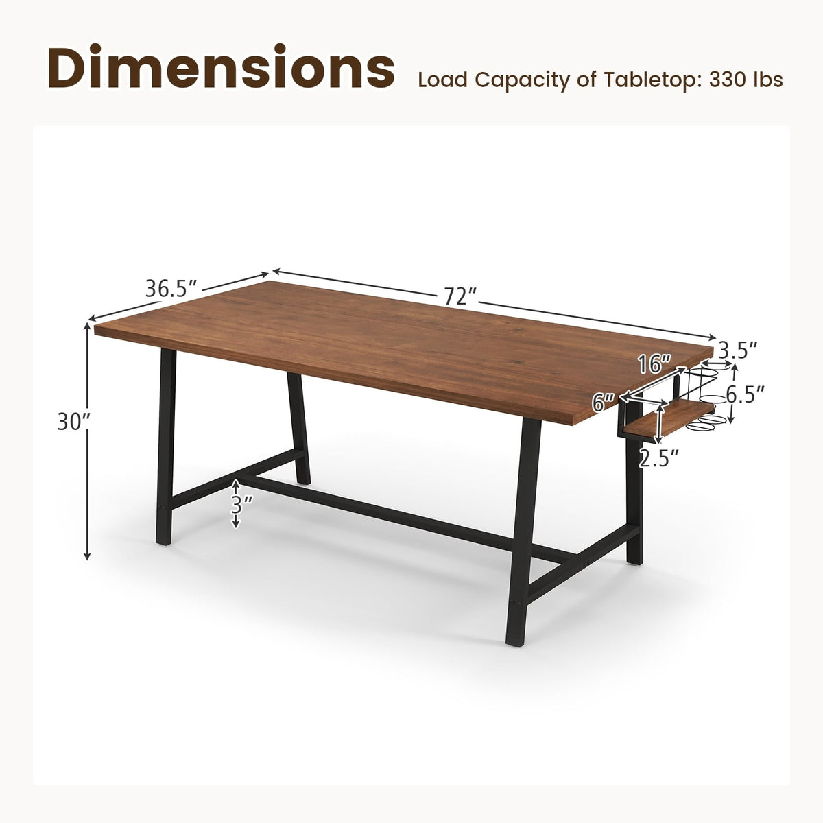 72 Inch Dining Table Rectangular Kitchen Table with 2-Bottle Wine Rack for 5-7-Walnut-Dining Tables-DECOROLALA
