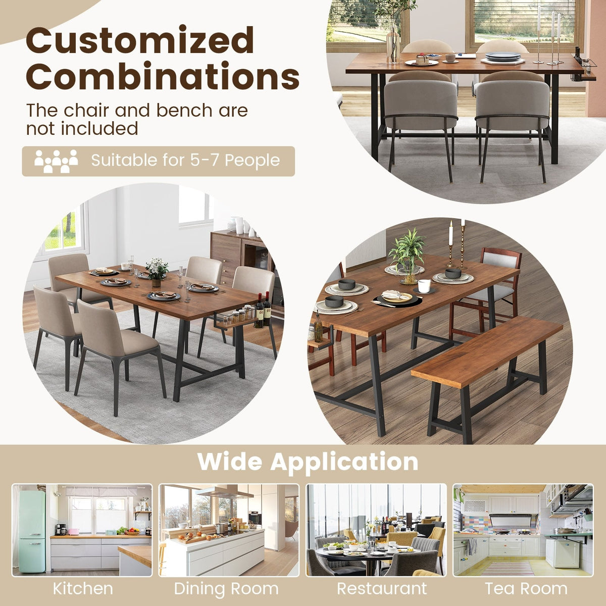 72 Inch Dining Table Rectangular Kitchen Table with 2-Bottle Wine Rack for 5-7-Walnut-Dining Tables-DECOROLALA