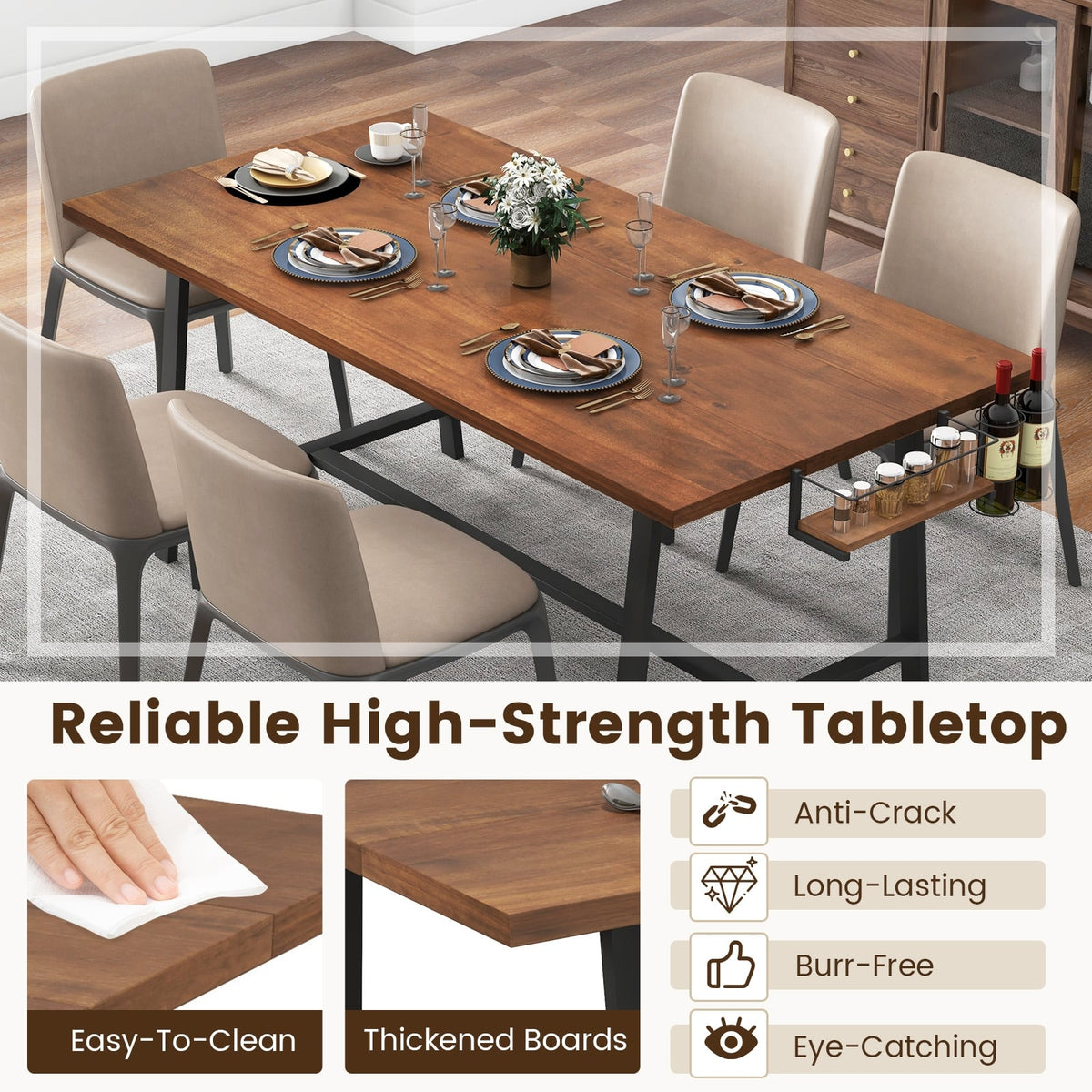 72 Inch Dining Table Rectangular Kitchen Table with 2-Bottle Wine Rack for 5-7-Walnut-Dining Tables-DECOROLALA