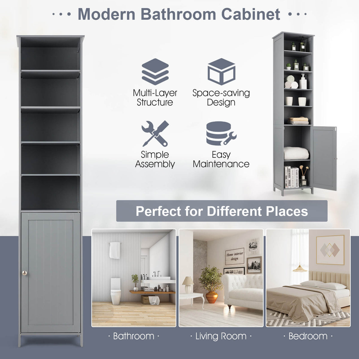 72 Inches Free Standing Tall Floor Bathroom Storage Cabinet-Gray-Floor Cabinets-DECOROLALA