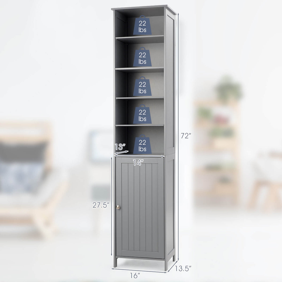72 Inches Free Standing Tall Floor Bathroom Storage Cabinet-Gray-Floor Cabinets-DECOROLALA