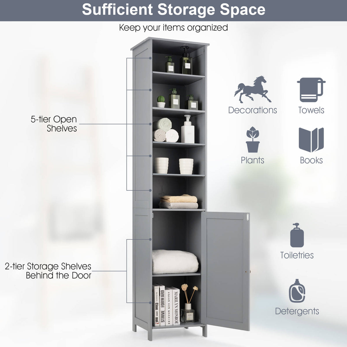 72 Inches Free Standing Tall Floor Bathroom Storage Cabinet-Gray-Floor Cabinets-DECOROLALA