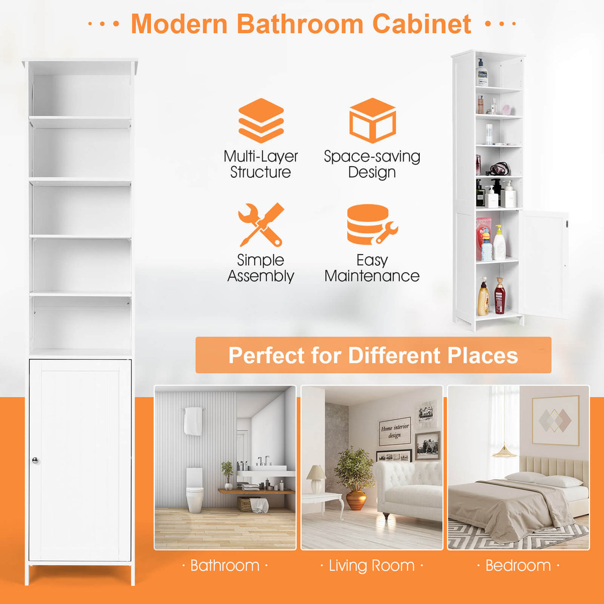 72 Inches Free Standing Tall Floor Bathroom Storage Cabinet-White-Floor Cabinets-DECOROLALA
