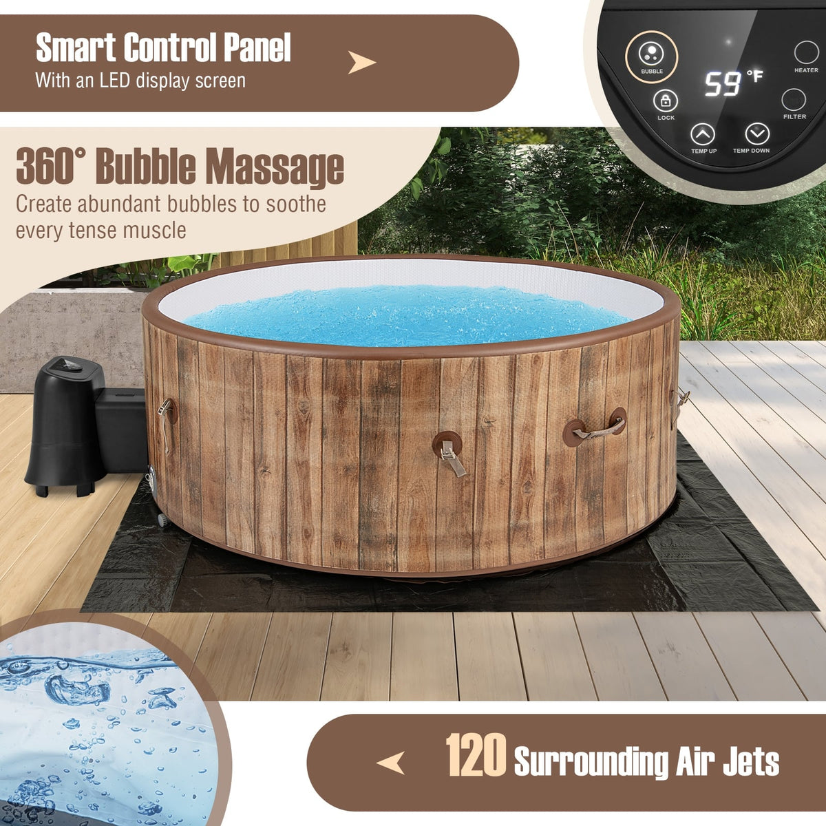 72 Inches Inflatable Hot Tub SPA with 120 Air Jets Electric Heater Pump for 4-6 Person-Coffee-Massage & Relaxation Products-DECOROLALA