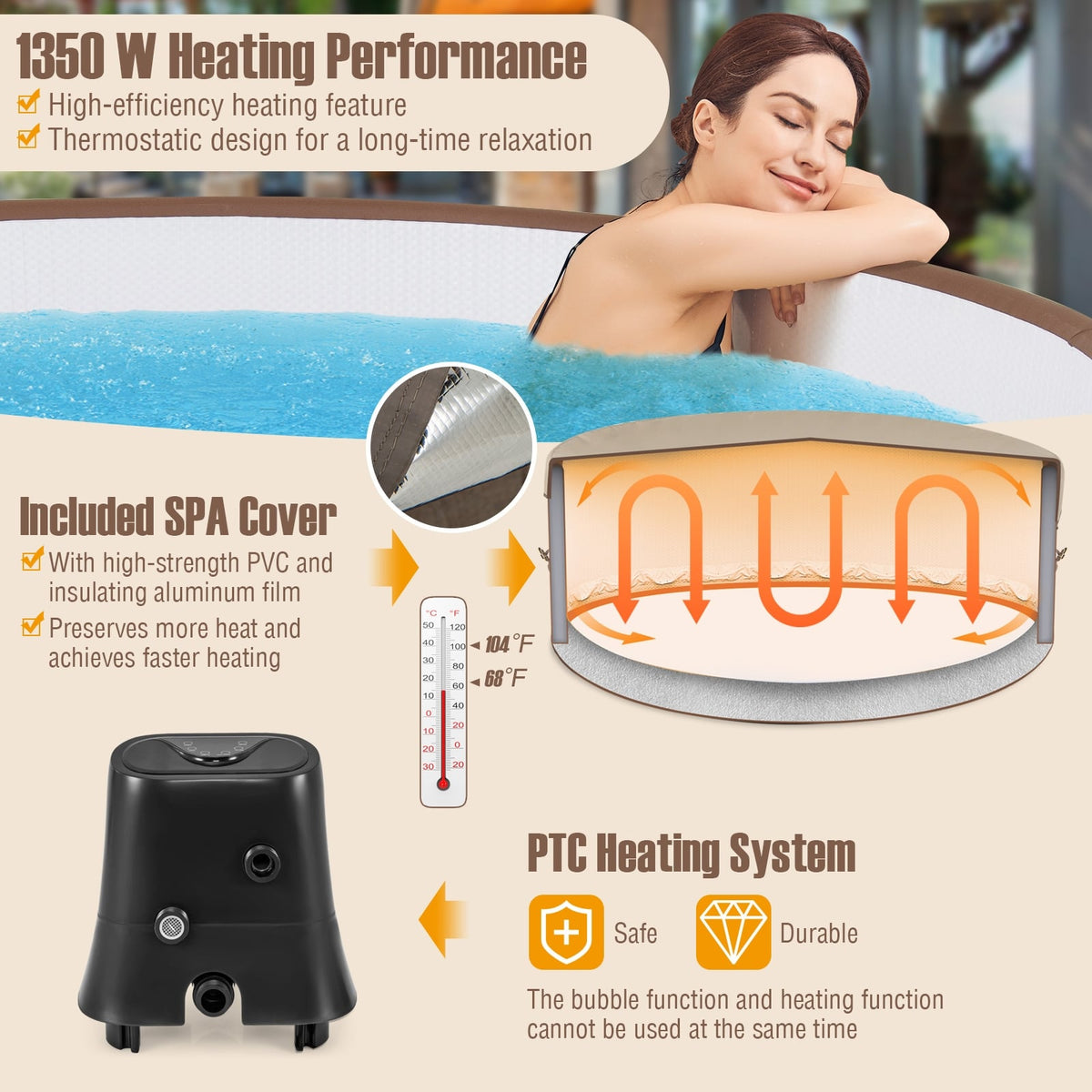72 Inches Inflatable Hot Tub SPA with 120 Air Jets Electric Heater Pump for 4-6 Person-Coffee-Massage & Relaxation Products-DECOROLALA