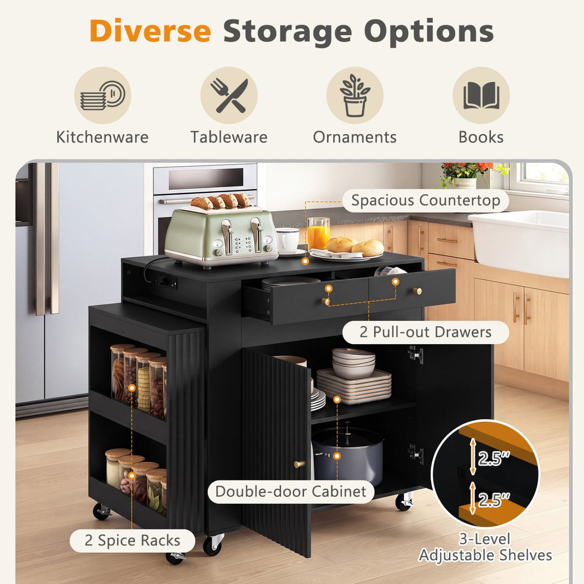 72" Kitchen Island with Extendable Dining Table and Power Outlet-Black-Kitchen Islands & Carts-DECOROLALA