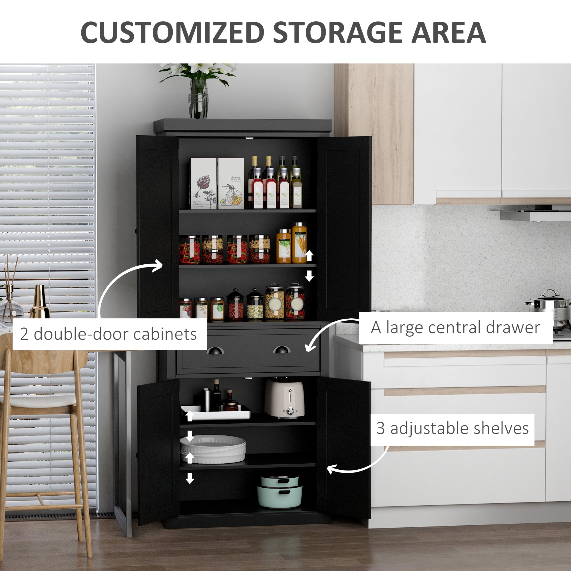72" Kitchen Pantry Cabinet - 6-Tier Storage Black-DECOROLALA