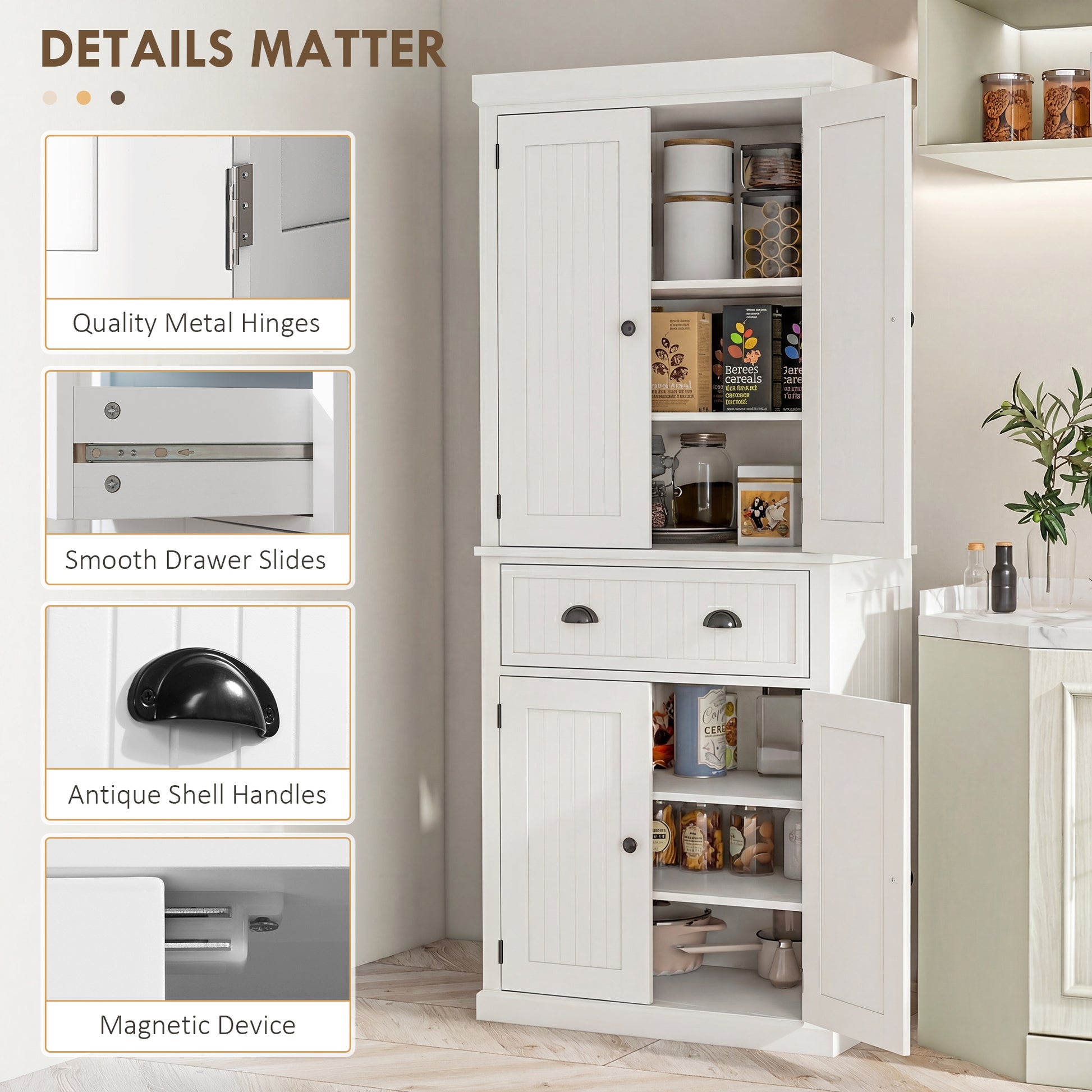 72" Kitchen Pantry Cabinet - Cream White Freestanding Storage-DECOROLALA