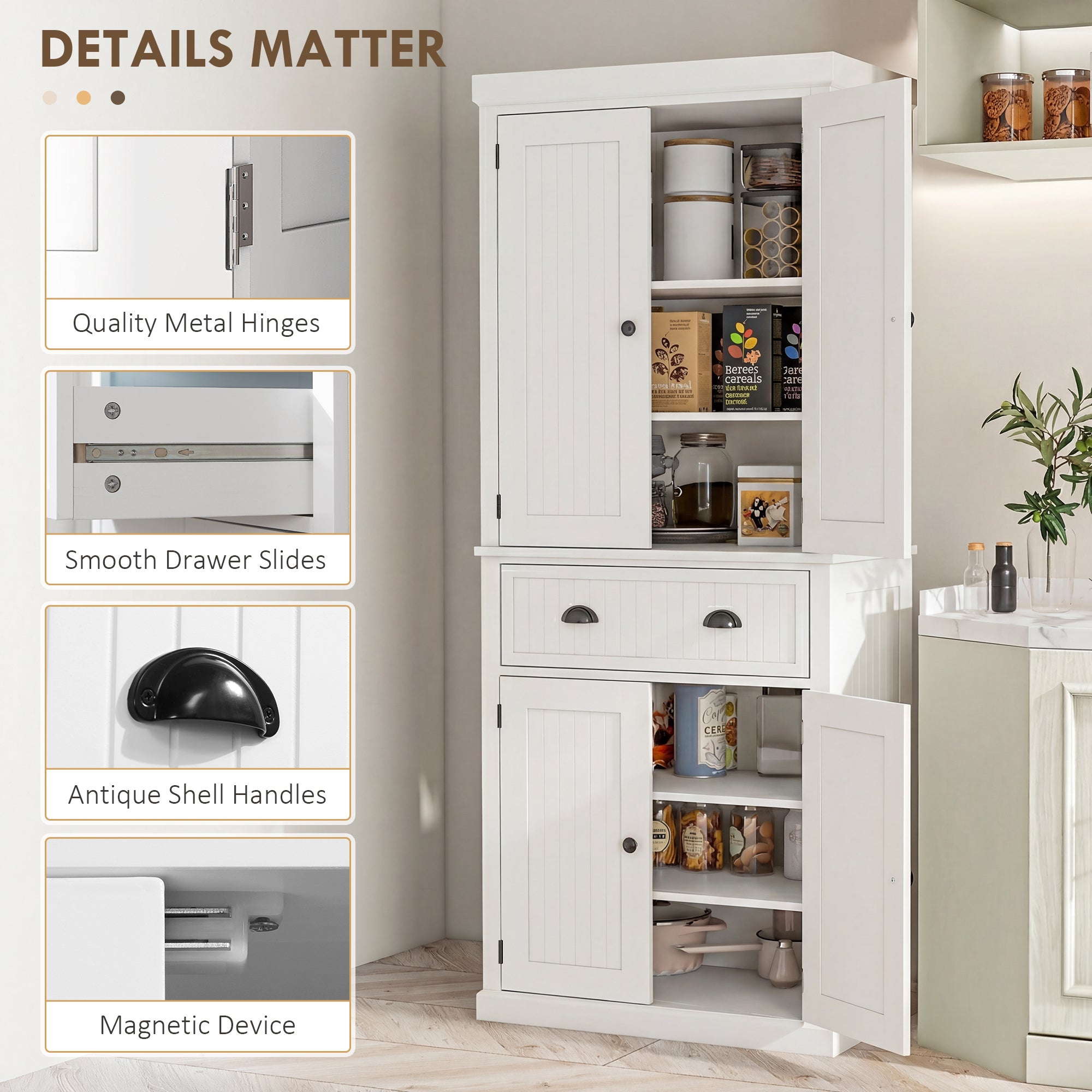 72" Kitchen Pantry Cabinet - Cream White Freestanding Storage-DECOROLALA