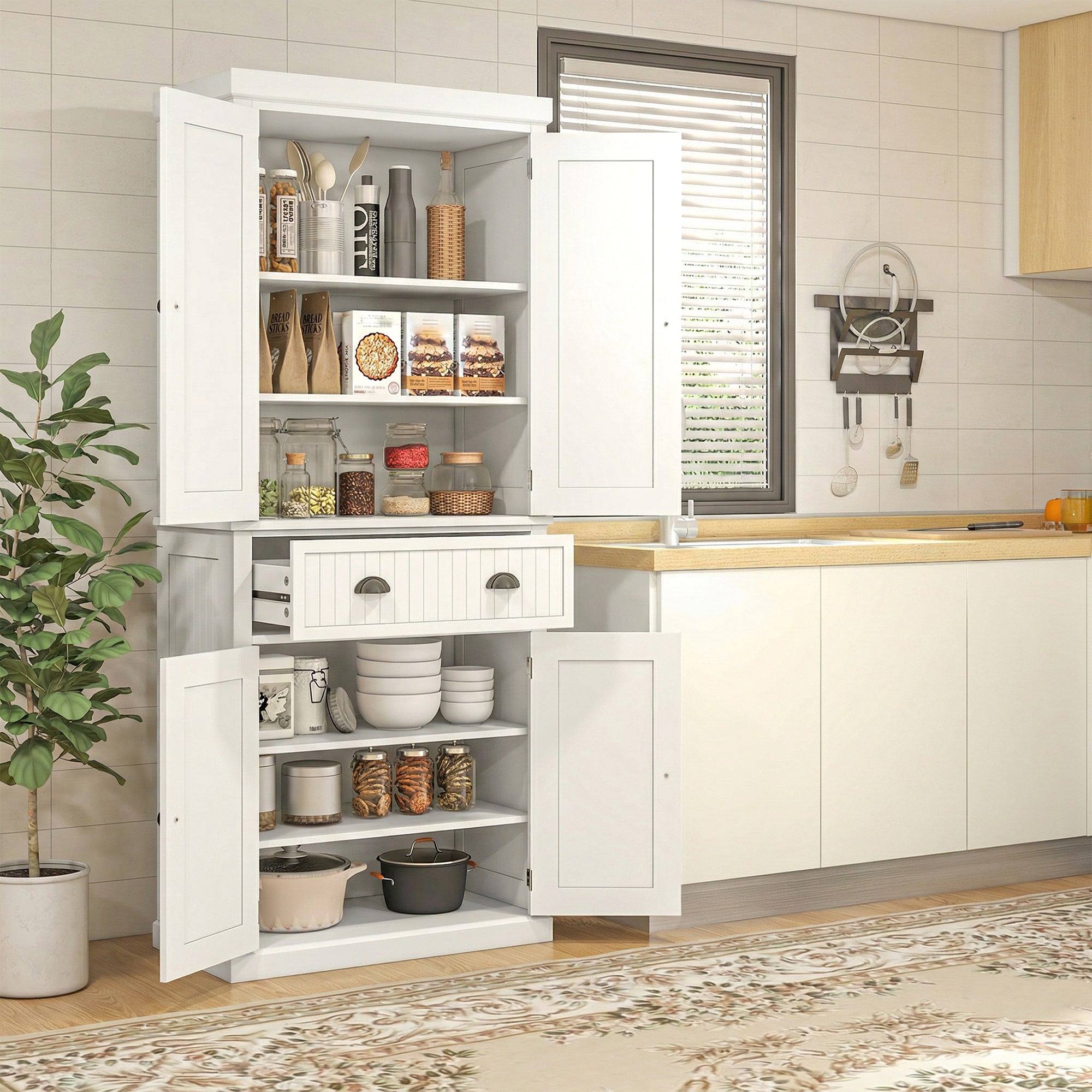 72" Kitchen Pantry Cabinet - Cream White Freestanding Storage-DECOROLALA